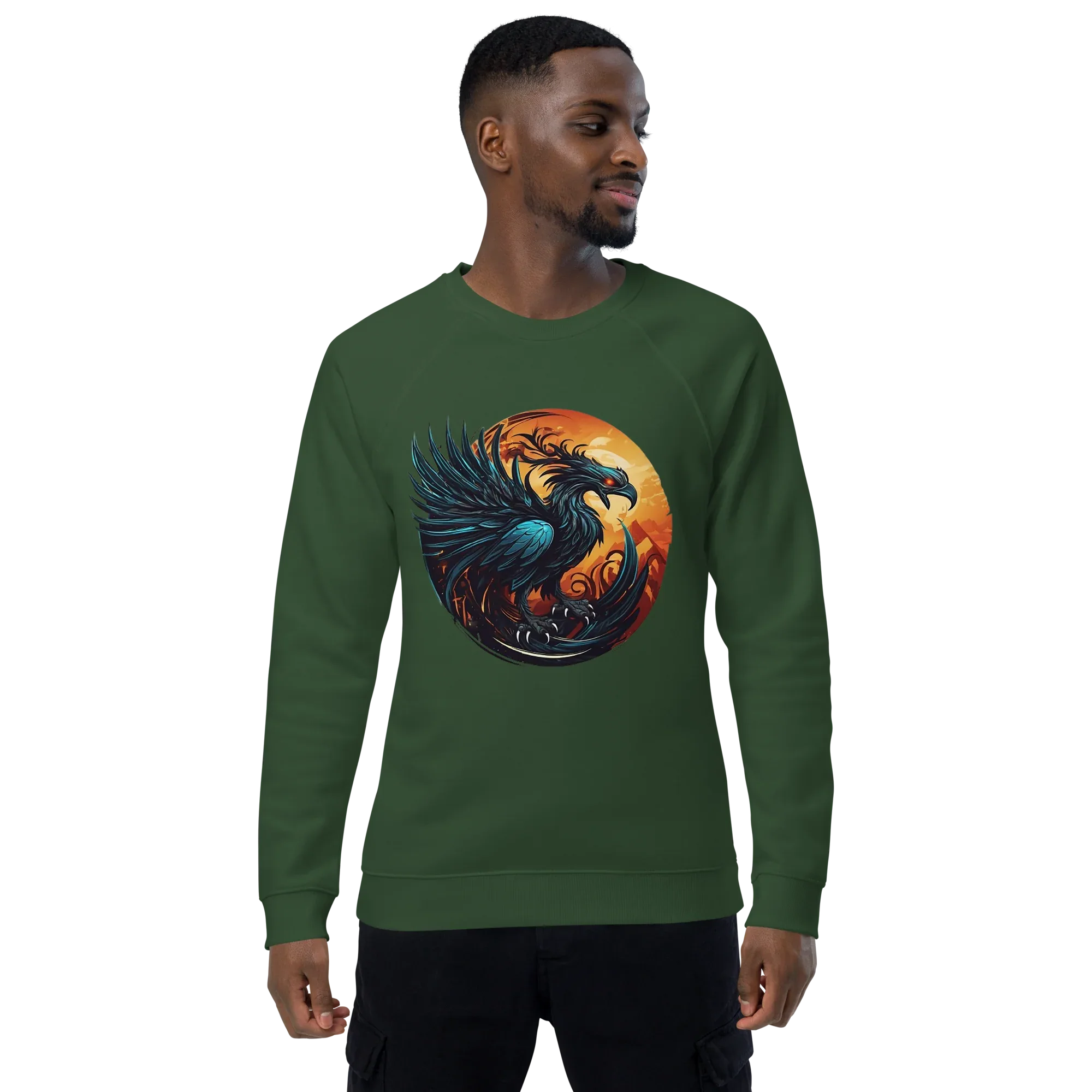 Unisex | Phoenix Organic Raglan Sweatshirt Sweatshirt AwRans Clothing unisex-organic-raglan-sweatshirt-bottle-green-front-66231d5a01a54