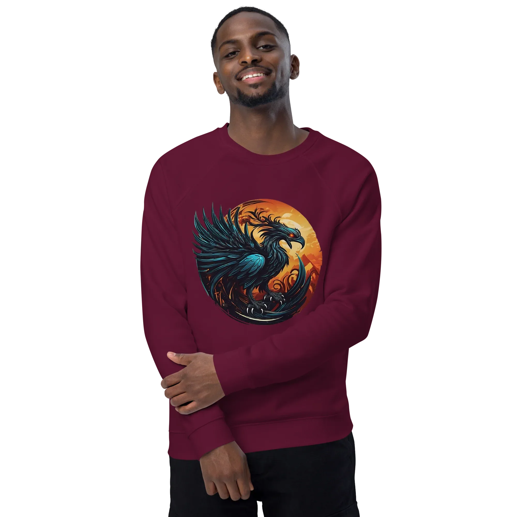 Unisex | Phoenix Organic Raglan Sweatshirt Sweatshirt AwRans Clothing unisex-organic-raglan-sweatshirt-burgundy-front-2-66231d5a000aa