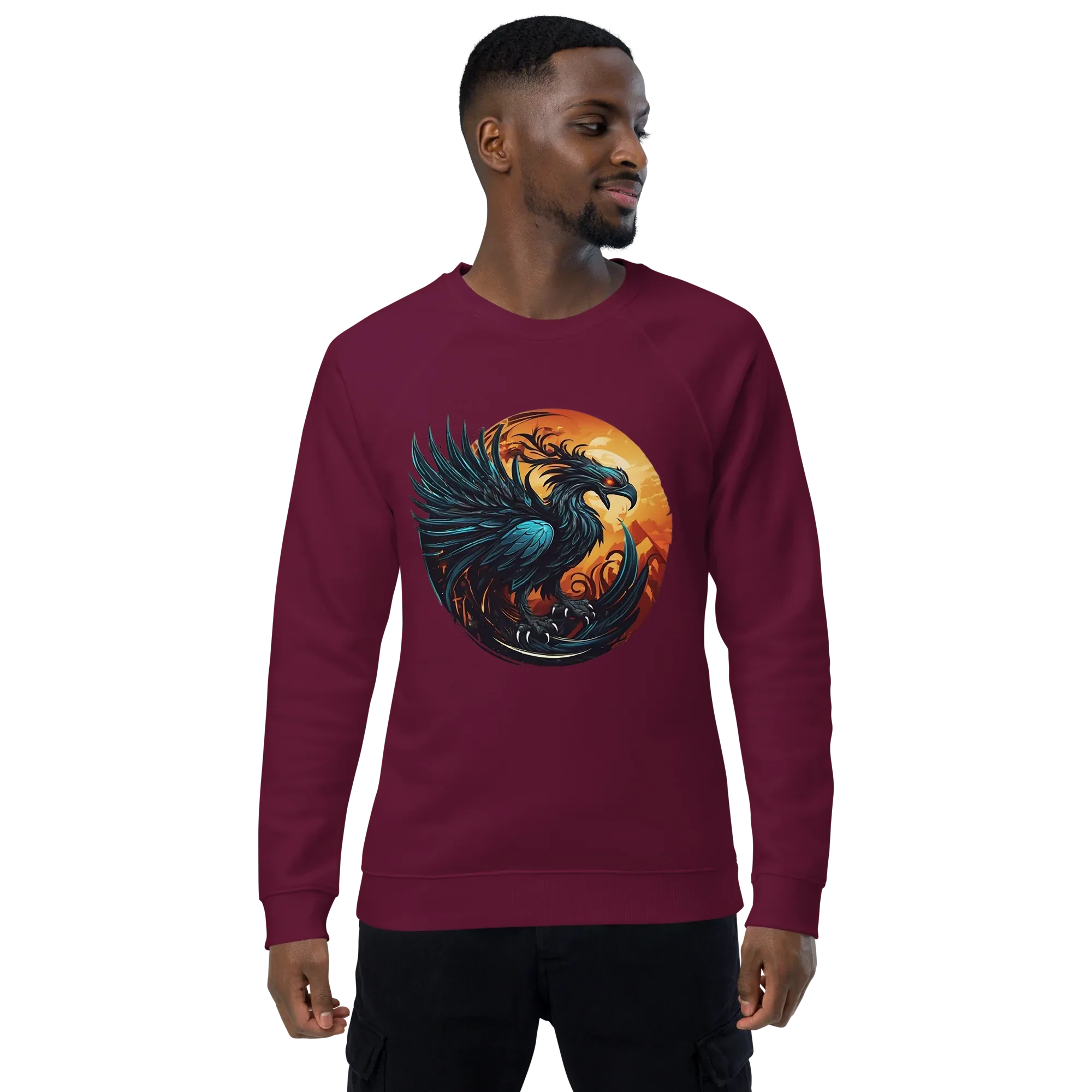 Unisex | Phoenix Organic Raglan Sweatshirt Sweatshirt AwRans Clothing unisex-organic-raglan-sweatshirt-burgundy-front-66231d59f3c1a