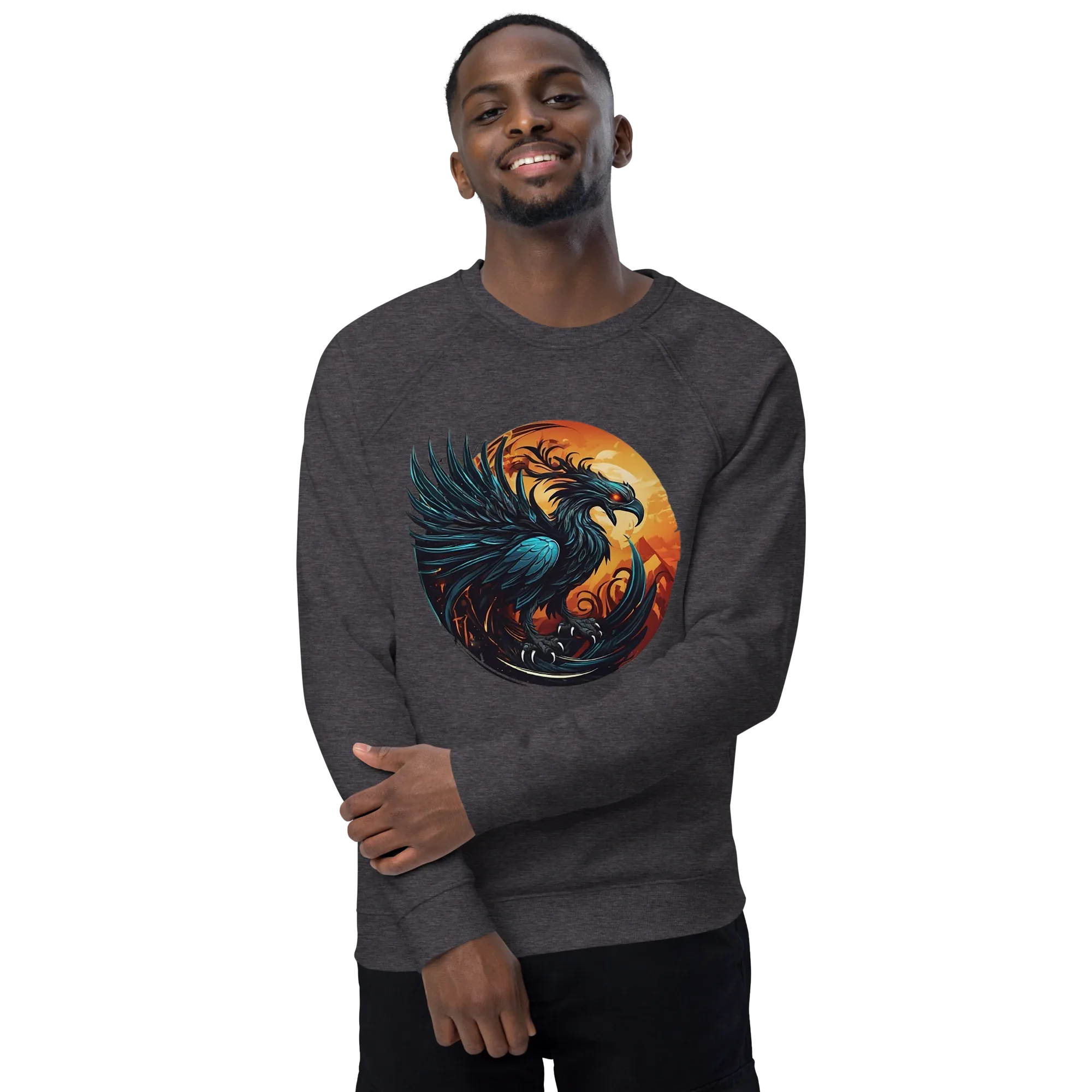 Unisex | Phoenix Organic Raglan Sweatshirt Sweatshirt AwRans Clothing unisex-organic-raglan-sweatshirt-charcoal-melange-front-2-66231d5a00f92
