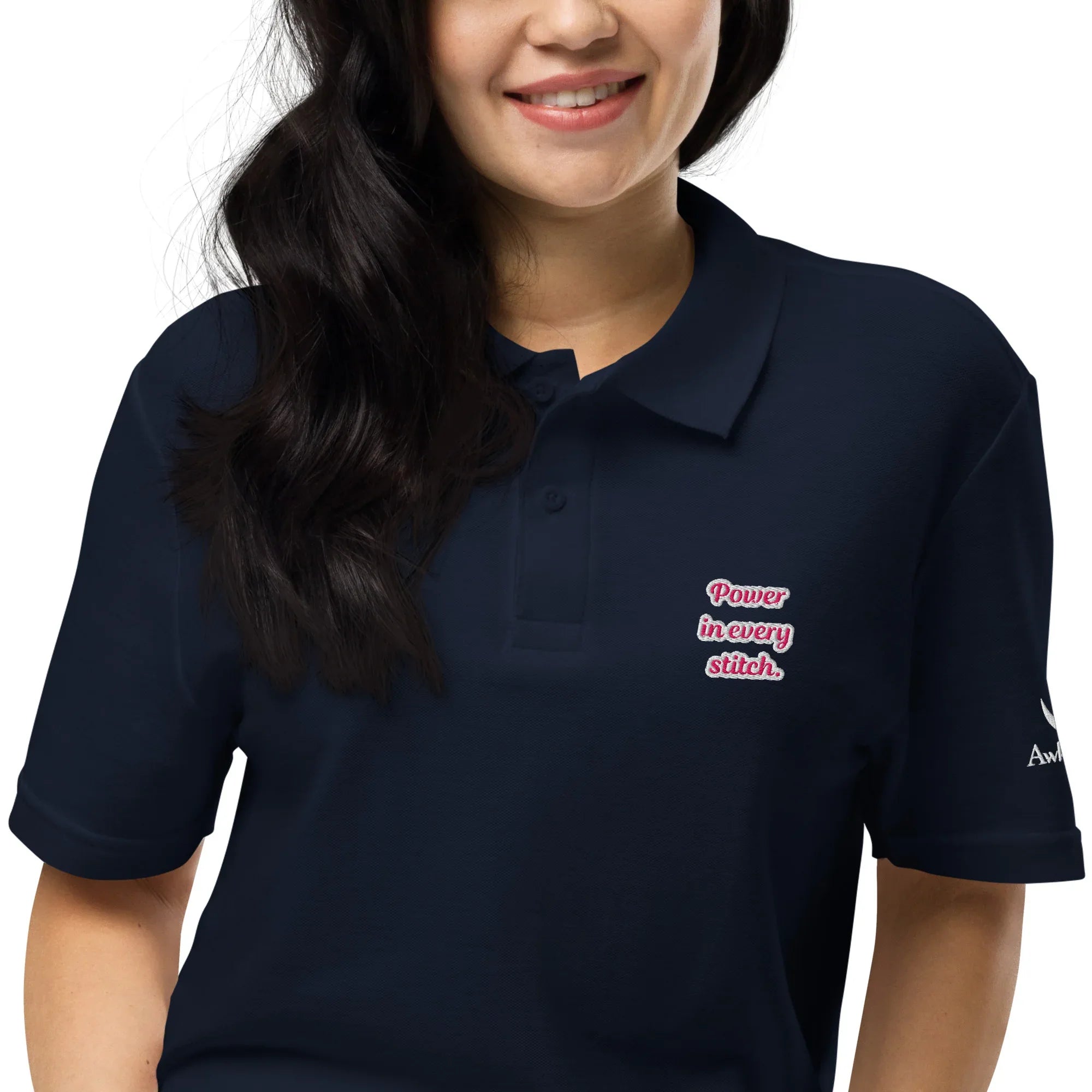 Power In Every Stich | Unisex Pique Polo Shirt polo shirt AwRans Clothing unisex-pique-polo-shirt-navy-zoomed-in-67b7d60d216c2