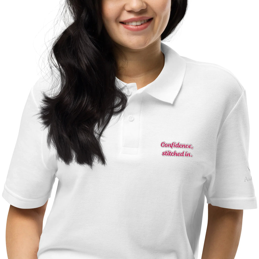 Confidence, Stitched In | Unisex Pique Polo Shirt polo shirt AwRans Clothing unisex-pique-polo-shirt-white-zoomed-in-67b7d7b00f8af