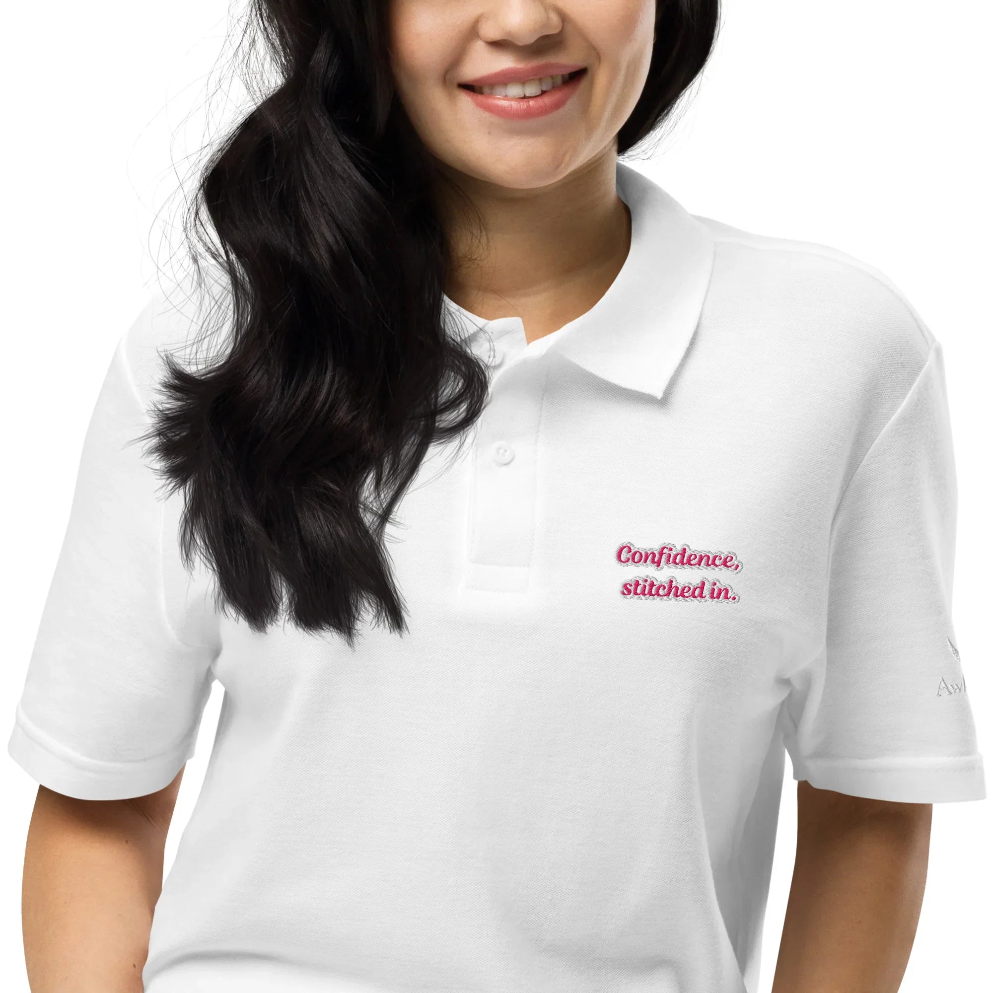 Confidence, Stitched In | Unisex Pique Polo Shirt polo shirt AwRans Clothing unisex-pique-polo-shirt-white-zoomed-in-67b7d7b00f8af