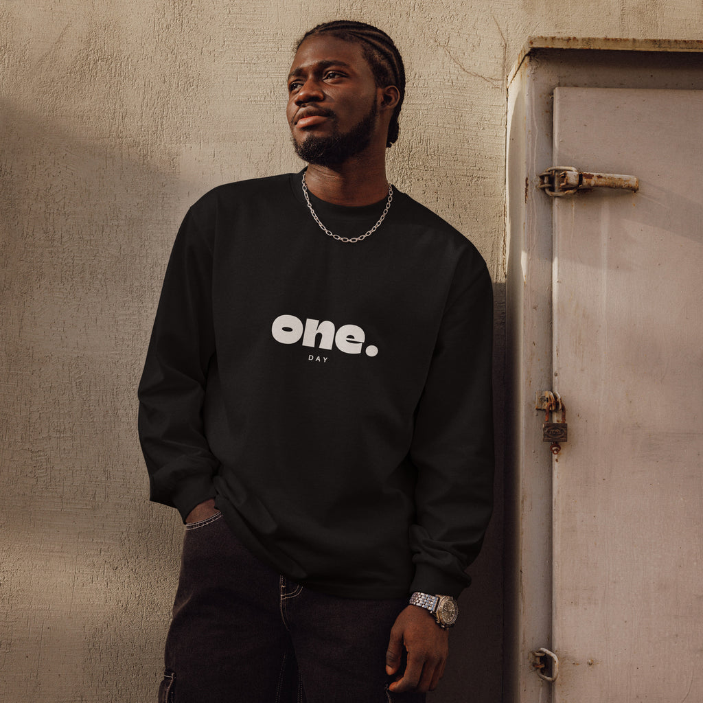 Unisex Premium Heavyweight Long Sleeve Shirt | One Day long sleeve shirt AwRans Clothing unisex-premium-heavyweight-long-sleeve-shirt-black-front-67eaaaf87b097