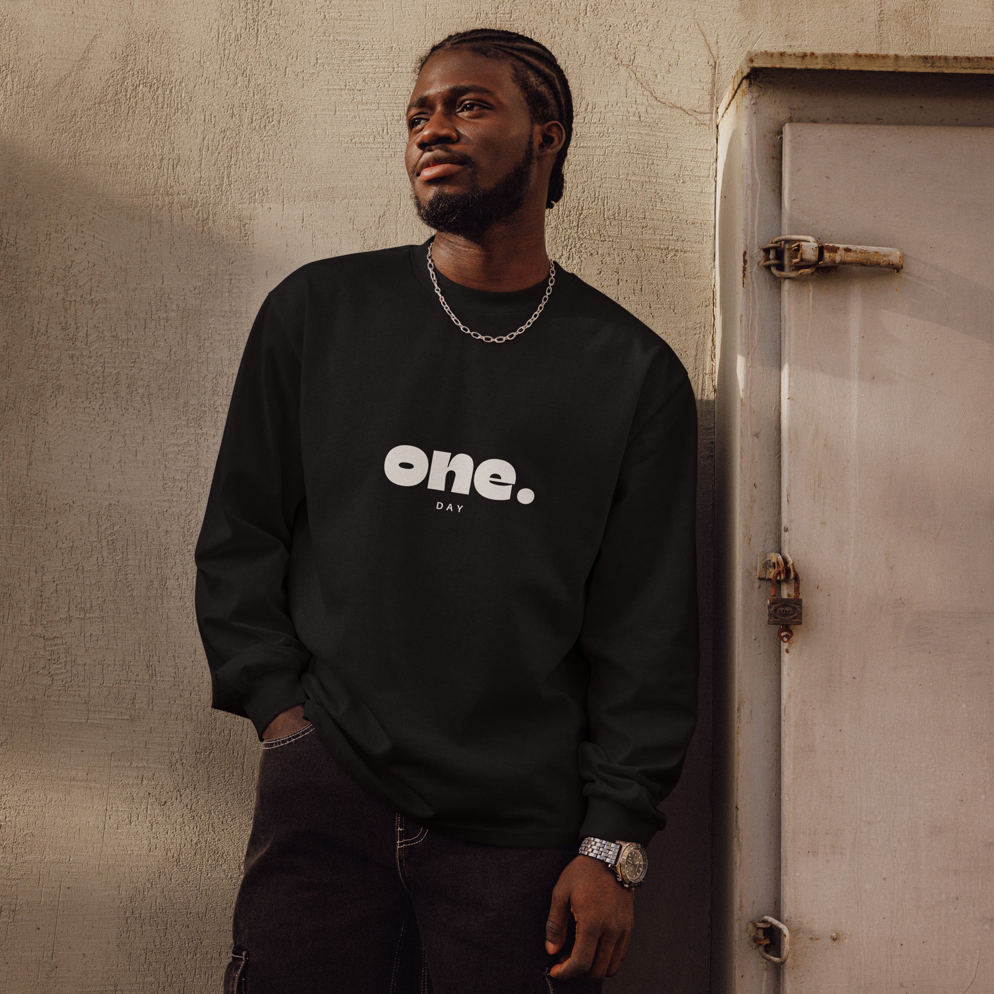 Unisex Premium Heavyweight Long Sleeve Shirt | One Day long sleeve shirt AwRans Clothing unisex-premium-heavyweight-long-sleeve-shirt-black-front-67eaaaf87b097