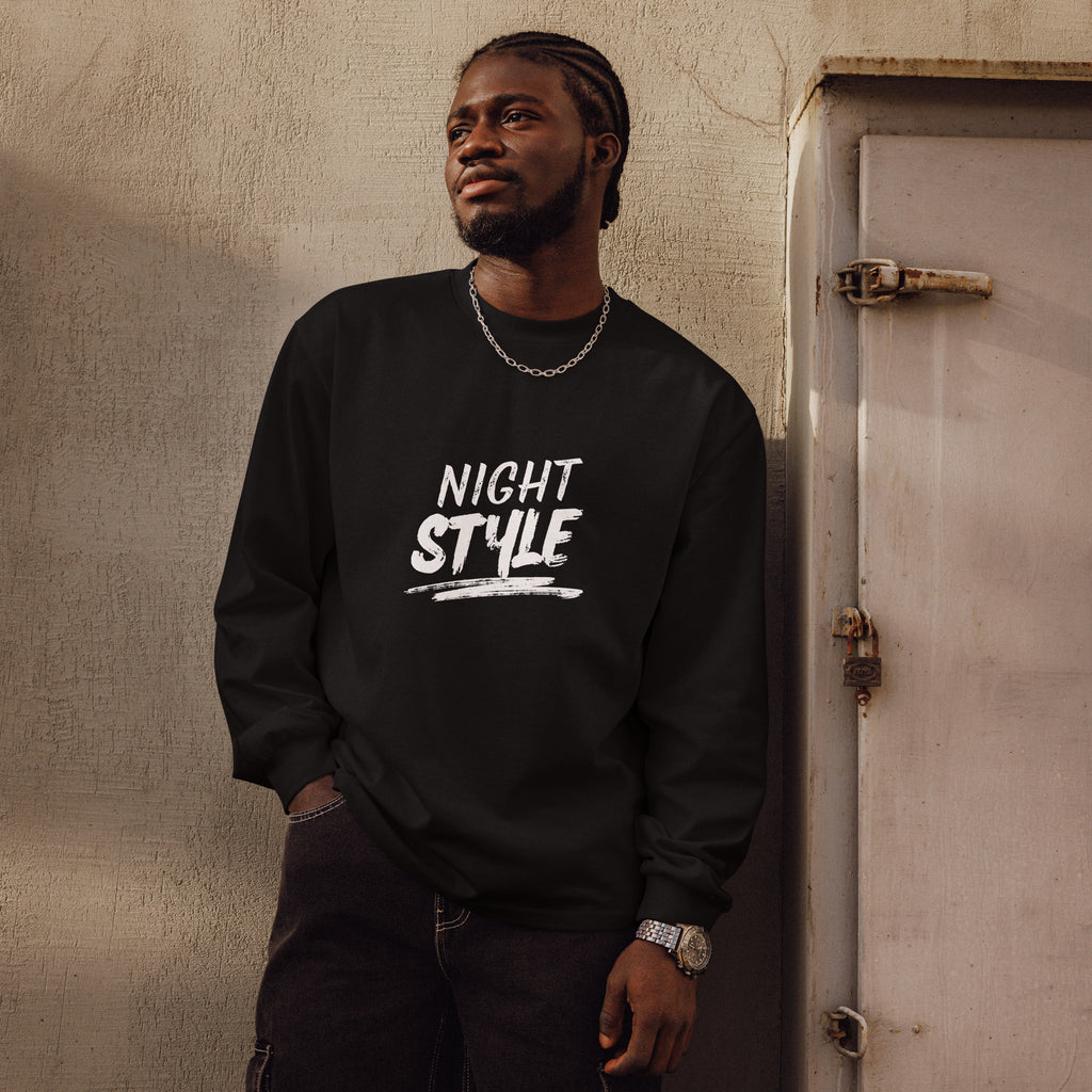 Unisex Premium Heavyweight Long Sleeve Shirt | Night Style long sleeve shirt AwRans Clothing unisex-premium-heavyweight-long-sleeve-shirt-black-front-67eaaba79b9ad