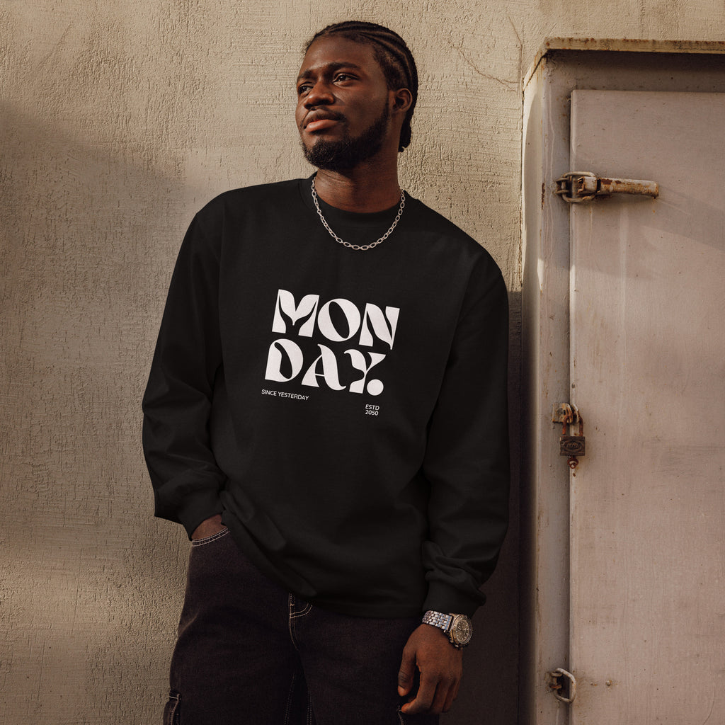 Unisex Premium Heavyweight Long Sleeve Shirt | Monday long sleeve shirt AwRans Clothing unisex-premium-heavyweight-long-sleeve-shirt-black-front-67eaac57f0b76