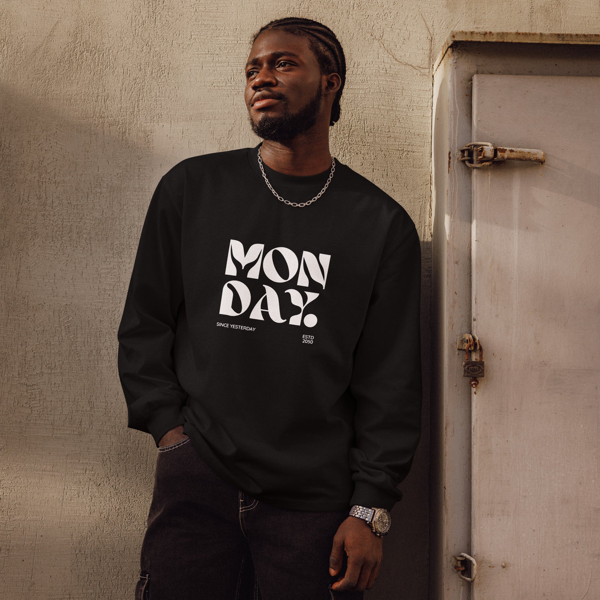 Unisex Premium Heavyweight Long Sleeve Shirt | Monday long sleeve shirt AwRans Clothing unisex-premium-heavyweight-long-sleeve-shirt-black-front-67eaac57f0b76