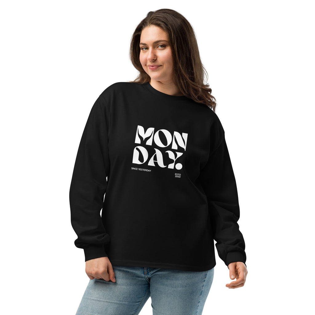 Unisex Premium Heavyweight Long Sleeve Shirt | Monday long sleeve shirt AwRans Clothing unisex-premium-heavyweight-long-sleeve-shirt-black-front-67eaac57f16ef