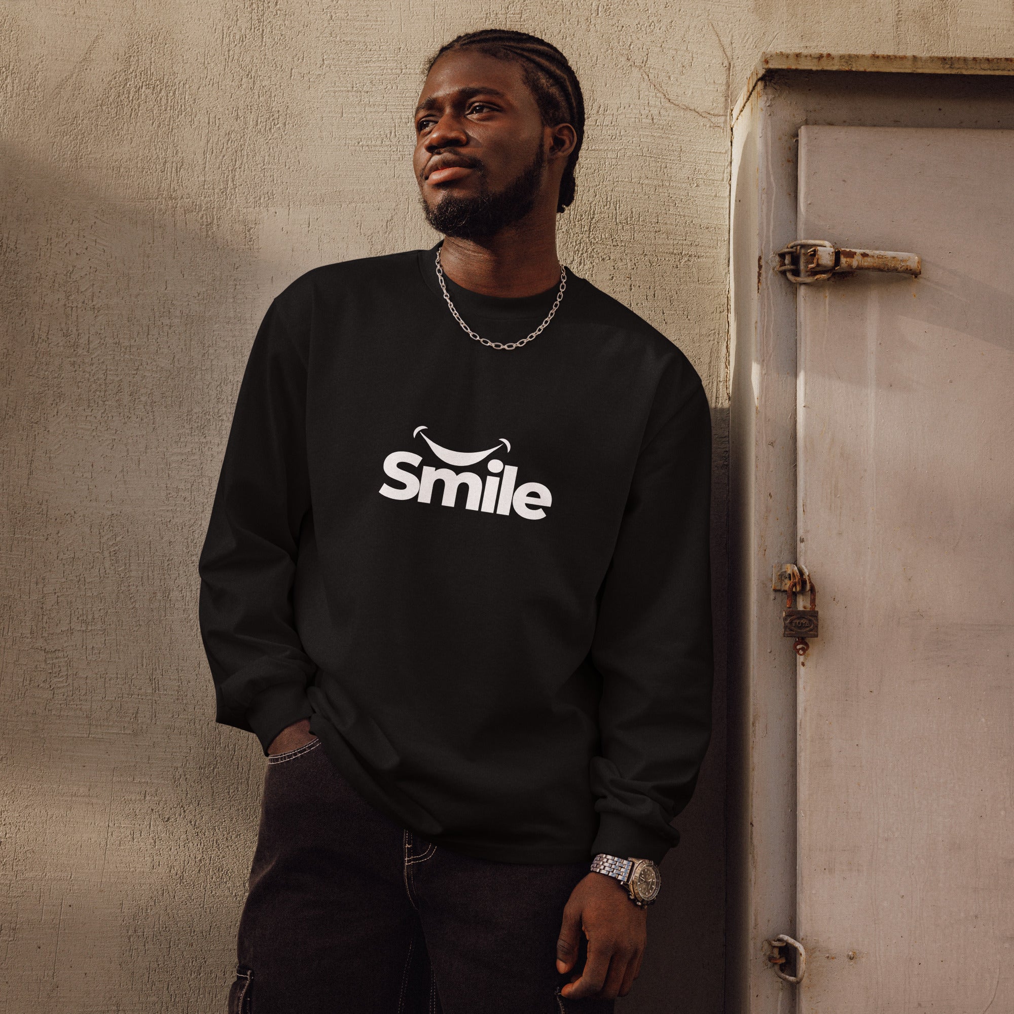 Unisex Premium Heavyweight Long Sleeve Shirt | Smile long sleeve shirt AwRans Clothing unisex-premium-heavyweight-long-sleeve-shirt-black-front-67f29f0175110
