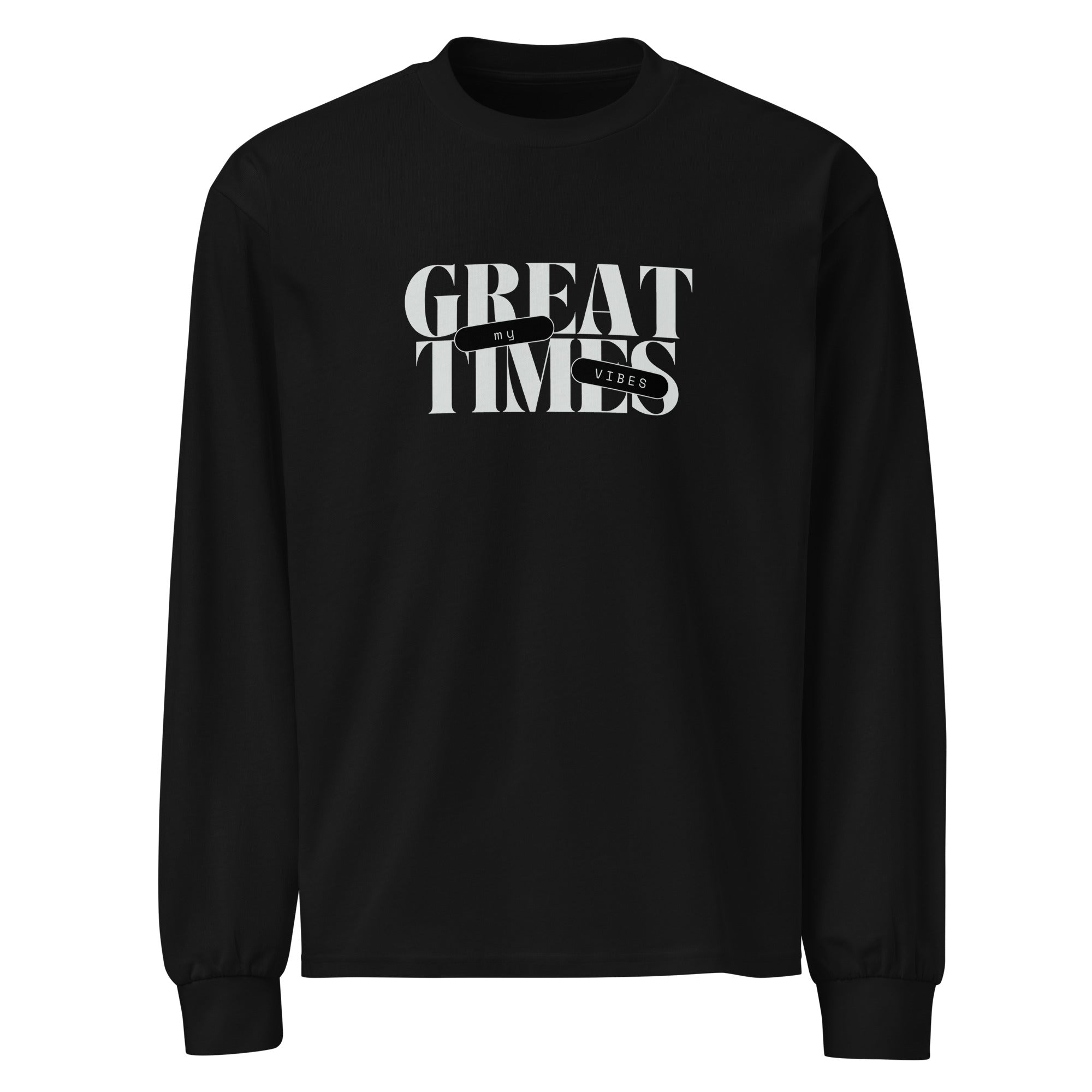 Unisex Premium Heavyweight Long Sleeve Shirt | My Vibes Great Time Black long sleeve shirt AwRans Clothing unisex-premium-heavyweight-long-sleeve-shirt-black-front-67f2a050904b9