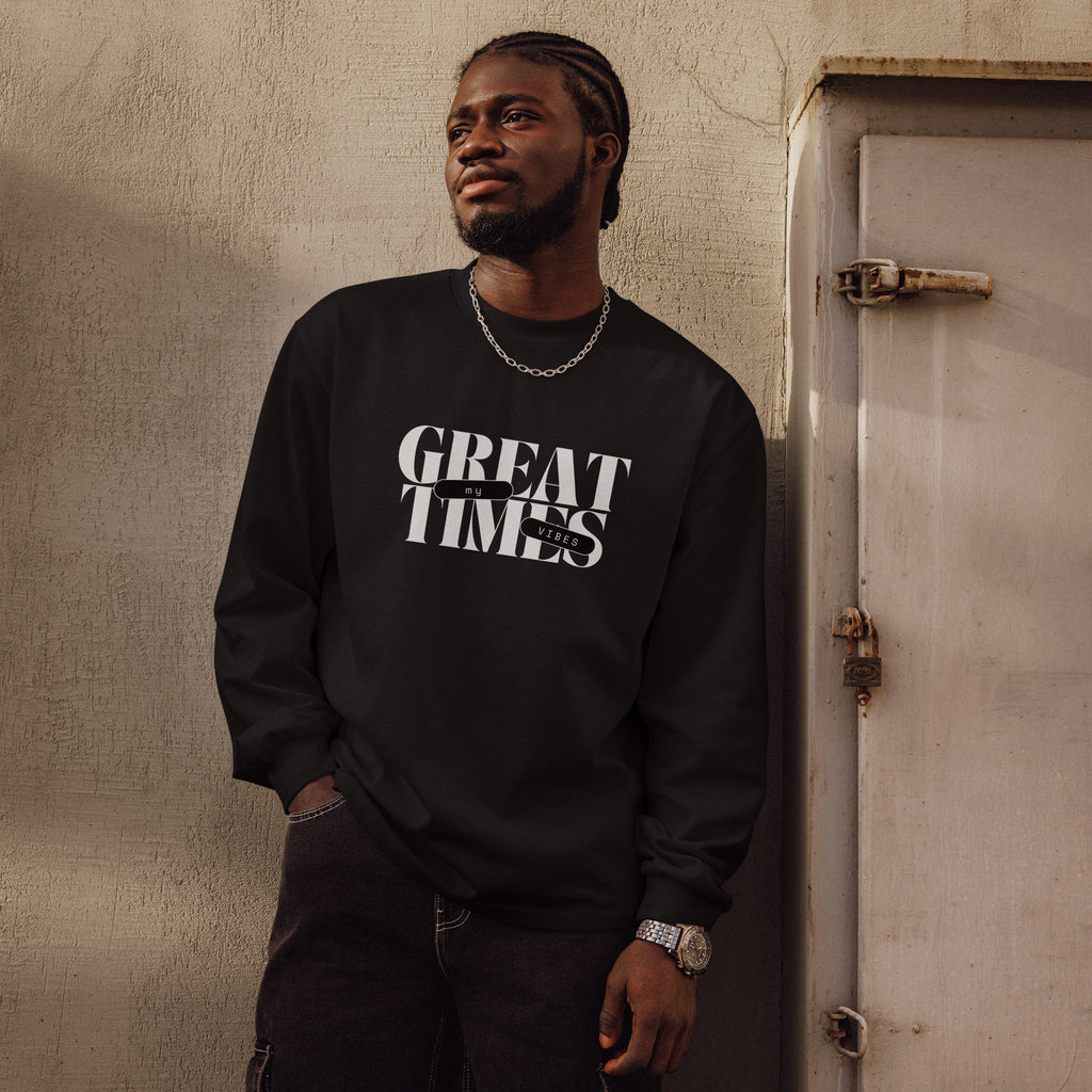 Unisex Premium Heavyweight Long Sleeve Shirt | My Vibes Great Time long sleeve shirt AwRans Clothing unisex-premium-heavyweight-long-sleeve-shirt-black-front-67f2a05091c89