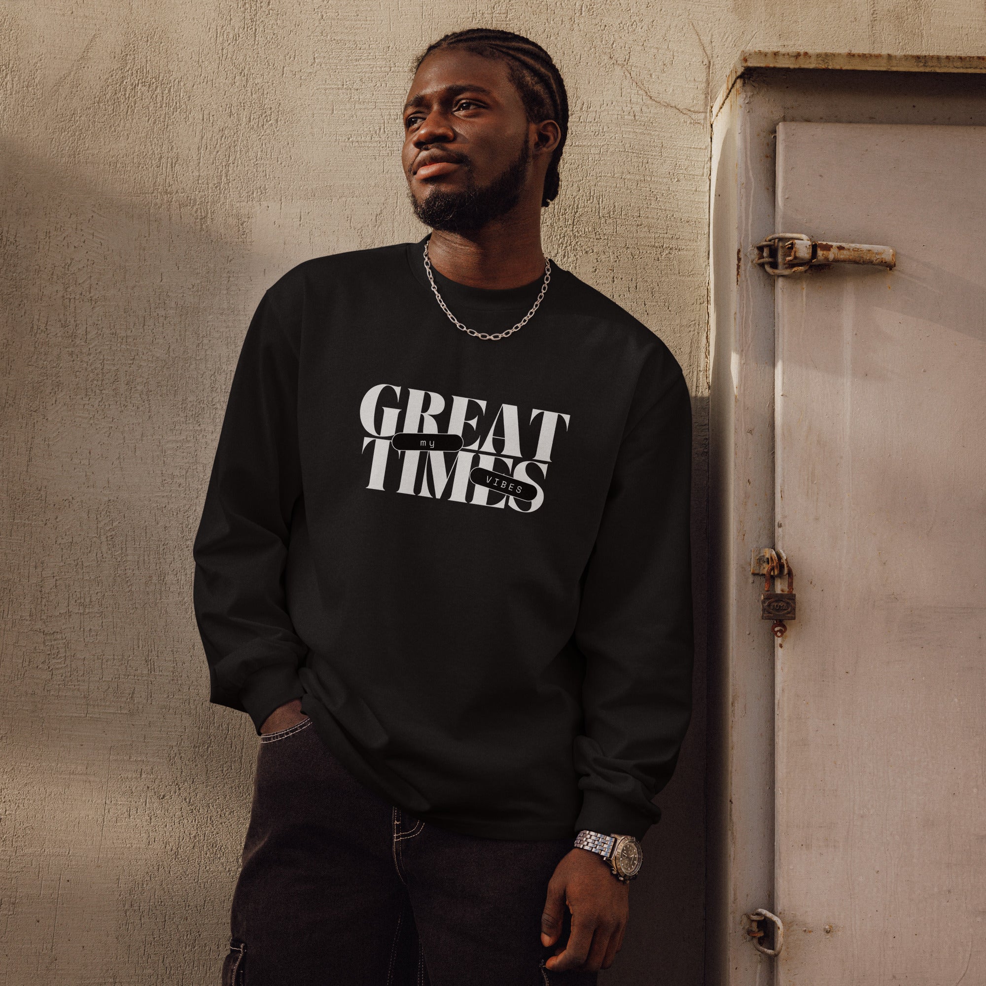 Unisex Premium Heavyweight Long Sleeve Shirt | My Vibes Great Time long sleeve shirt AwRans Clothing unisex-premium-heavyweight-long-sleeve-shirt-black-front-67f2a05091c89