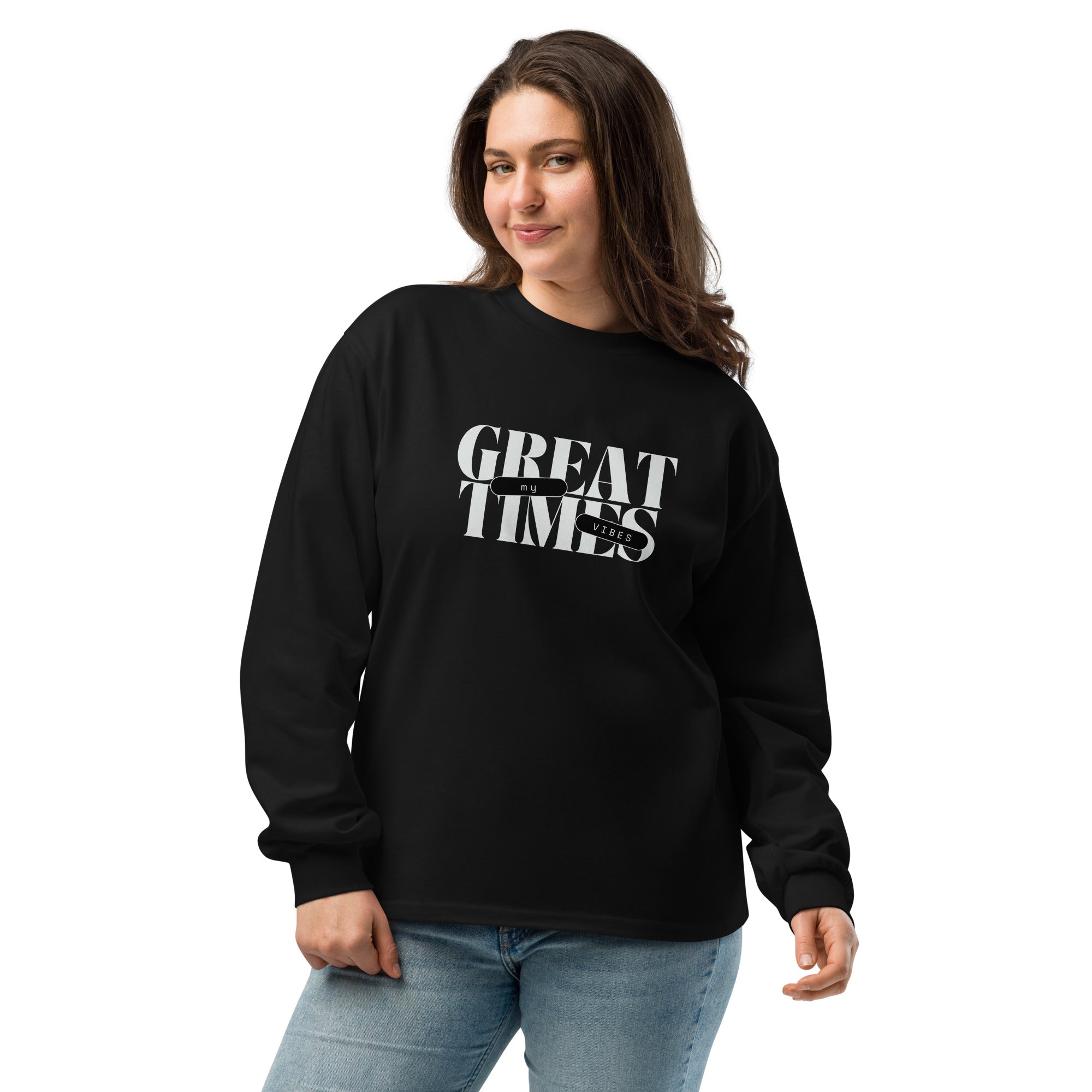 Unisex Premium Heavyweight Long Sleeve Shirt | My Vibes Great Time long sleeve shirt AwRans Clothing unisex-premium-heavyweight-long-sleeve-shirt-black-front-67f2a0509211f