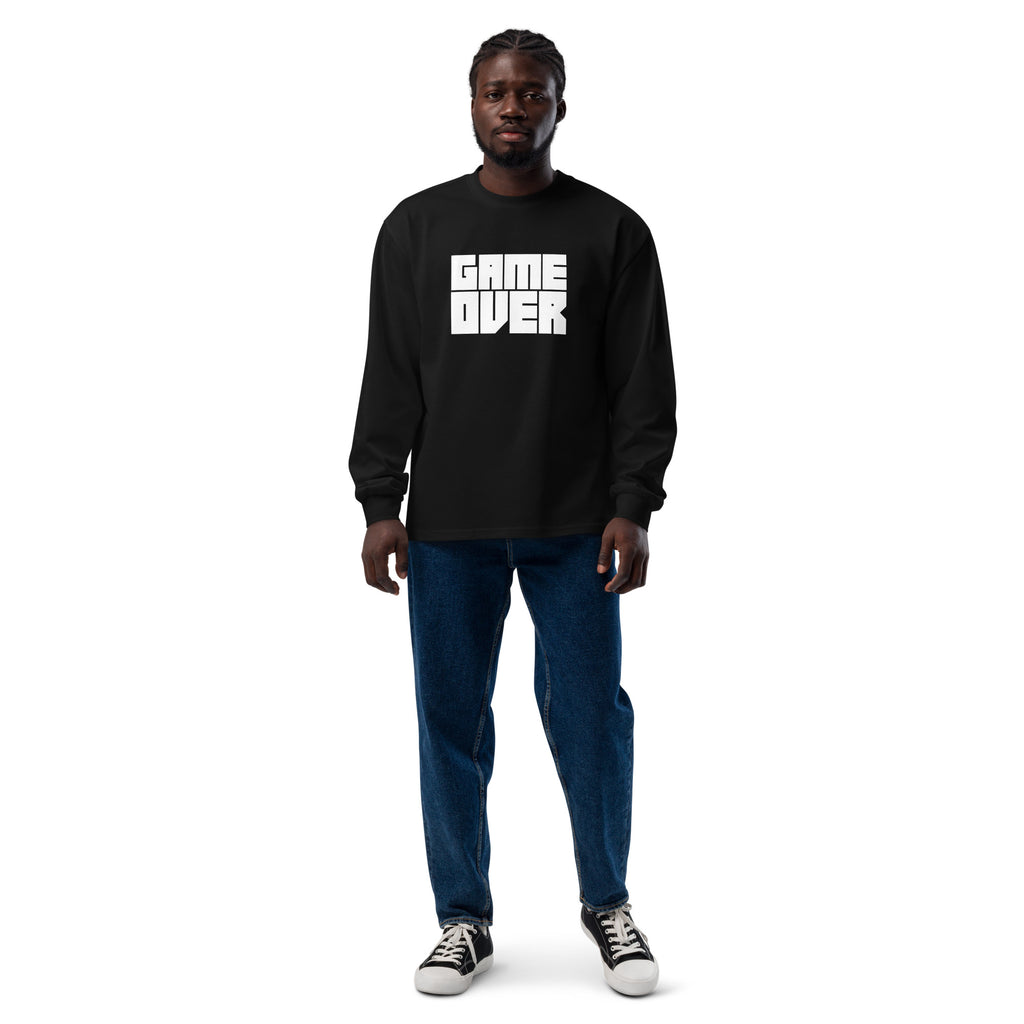 Unisex Premium Heavyweight Long Sleeve Shirt | Game Over long sleeve shirt AwRans Clothing unisex-premium-heavyweight-long-sleeve-shirt-black-front-67f2c24279f08