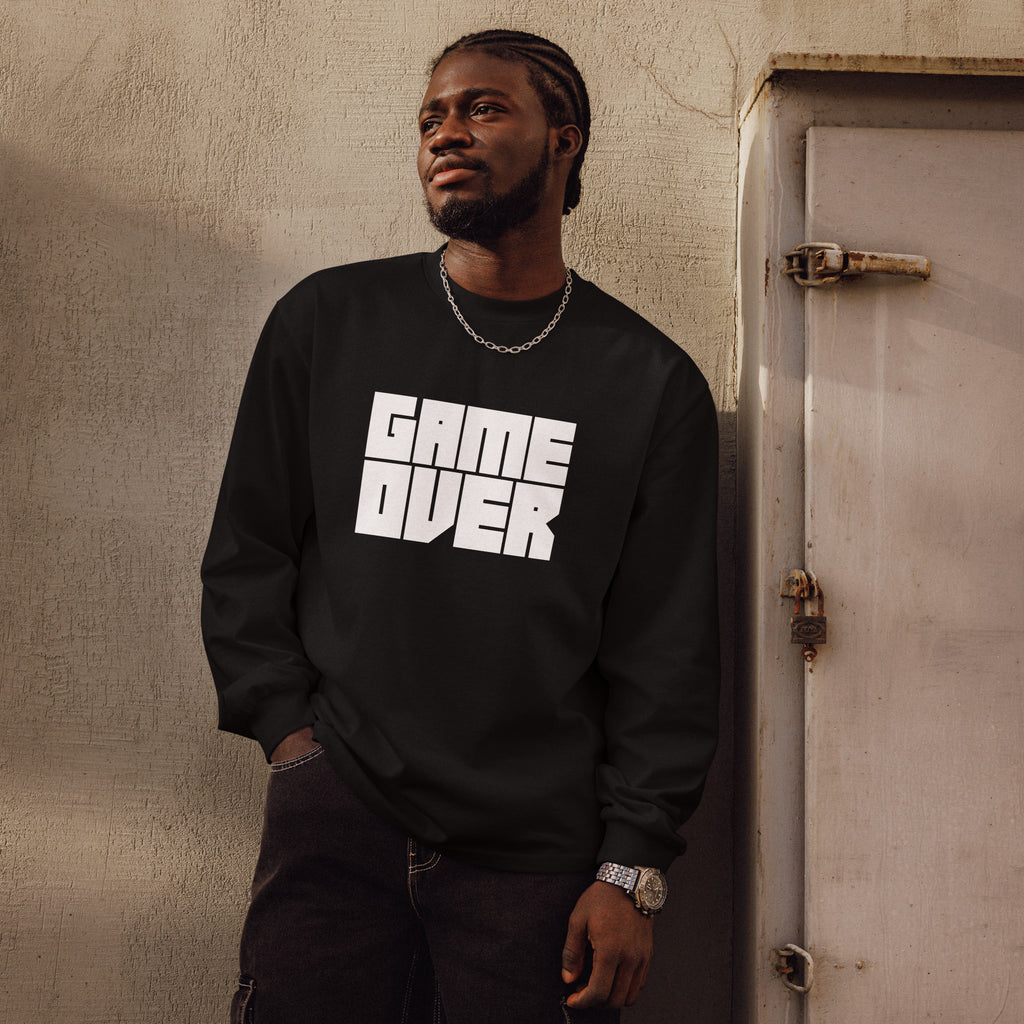 Unisex Premium Heavyweight Long Sleeve Shirt | Game Over long sleeve shirt AwRans Clothing unisex-premium-heavyweight-long-sleeve-shirt-black-front-67f2c24280391
