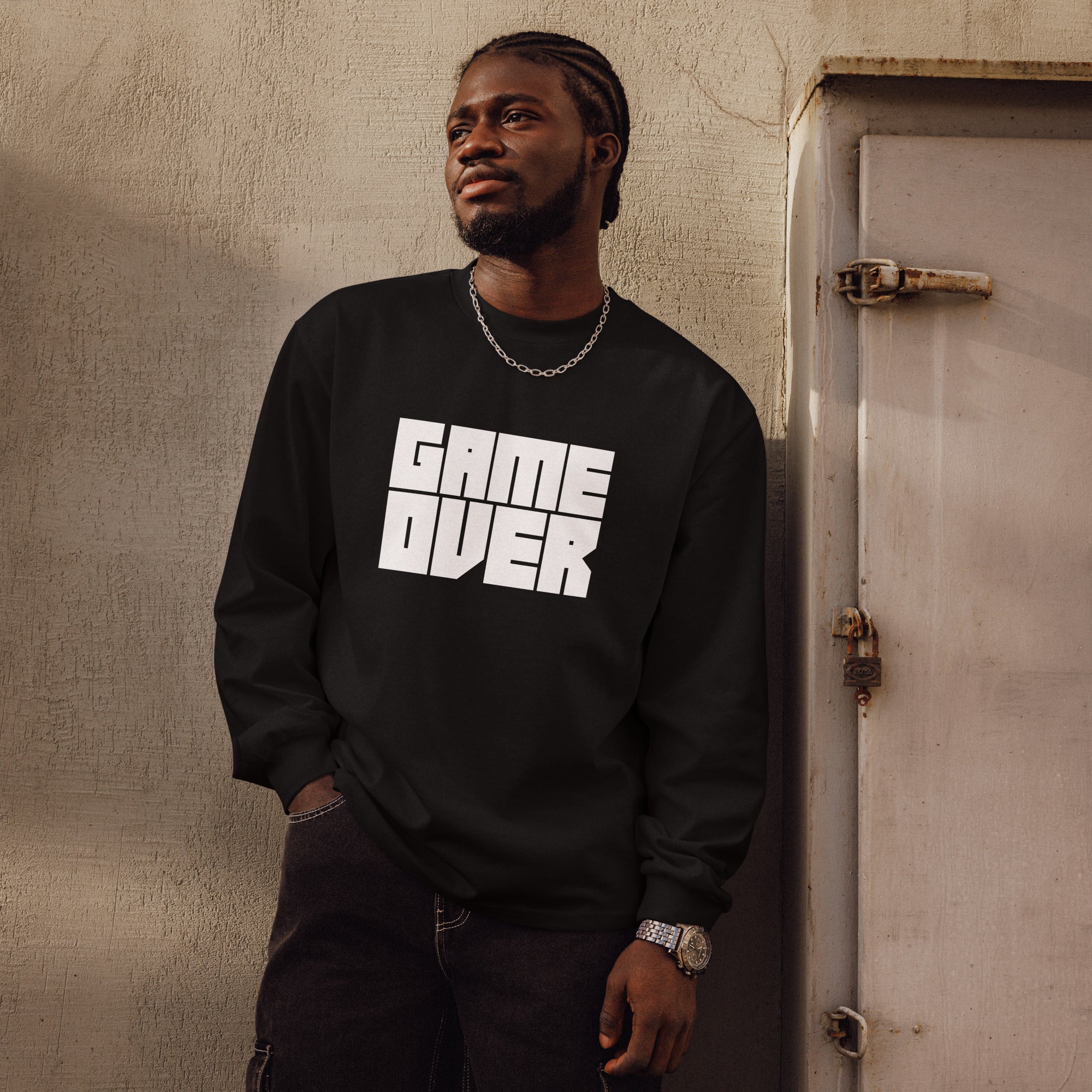Unisex Premium Heavyweight Long Sleeve Shirt | Game Over long sleeve shirt AwRans Clothing unisex-premium-heavyweight-long-sleeve-shirt-black-front-67f2c24280391