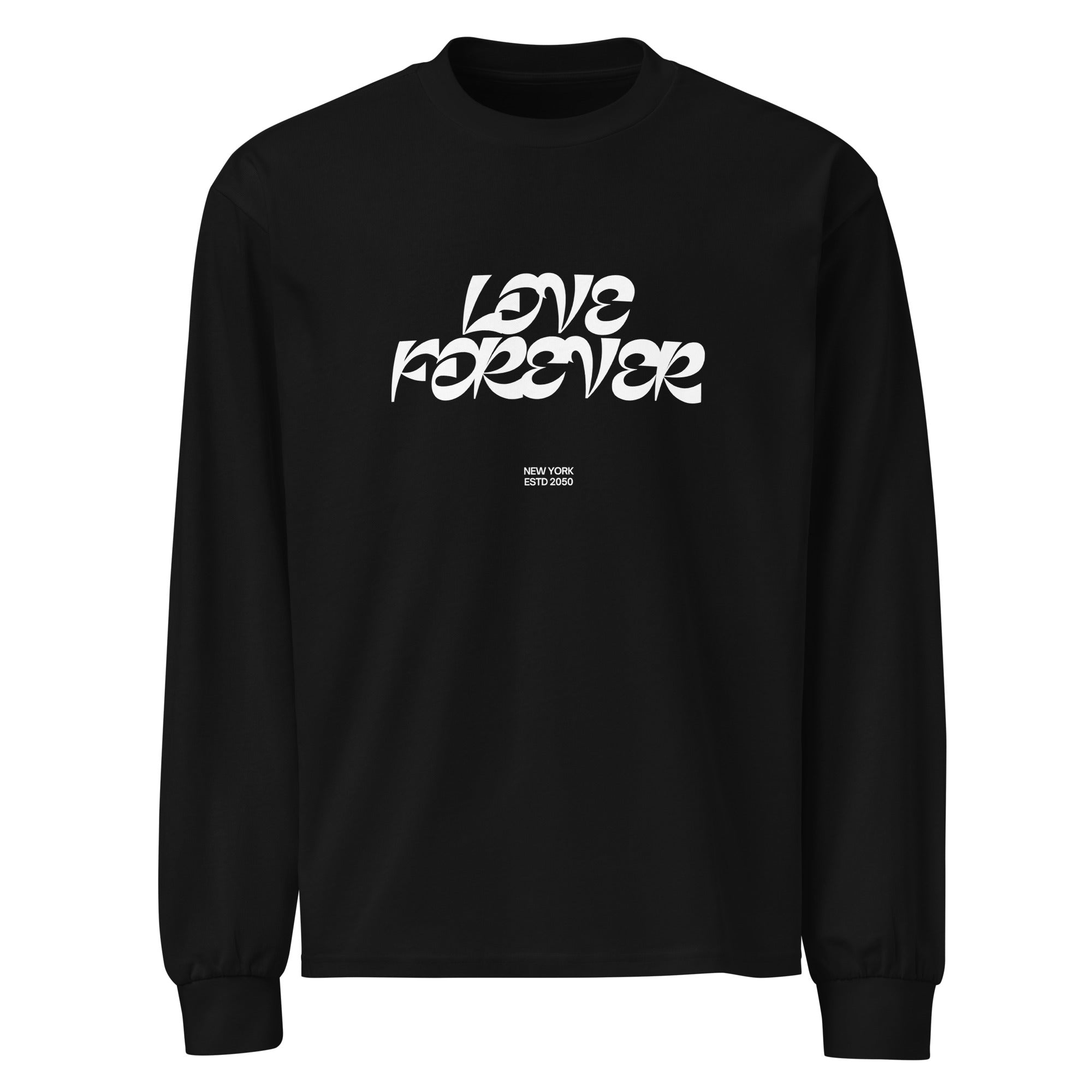 Unisex Premium Heavyweight Long Sleeve Shirt | Love Forever Black long sleeve shirt AwRans Clothing unisex-premium-heavyweight-long-sleeve-shirt-black-front-67f2c2d858188