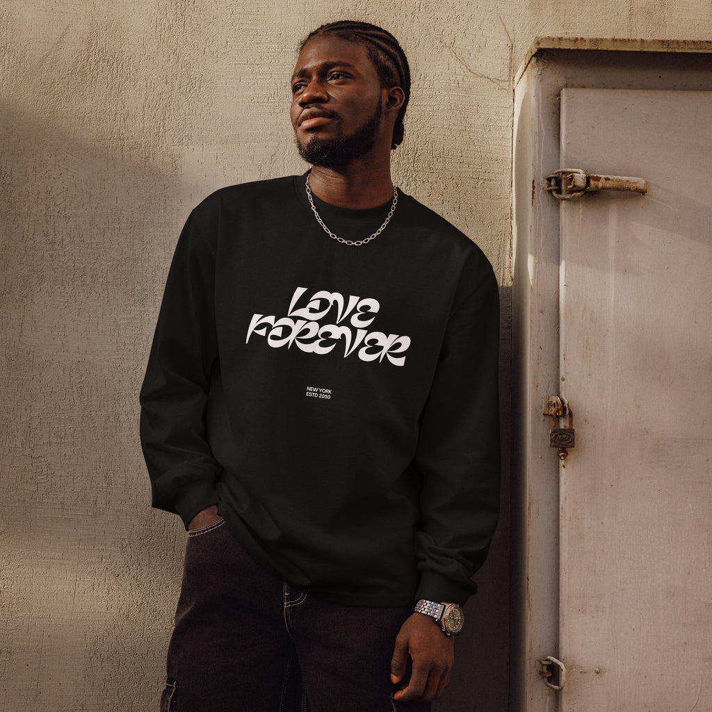 Unisex Premium Heavyweight Long Sleeve Shirt | Love Forever long sleeve shirt AwRans Clothing unisex-premium-heavyweight-long-sleeve-shirt-black-front-67f2c2d864242