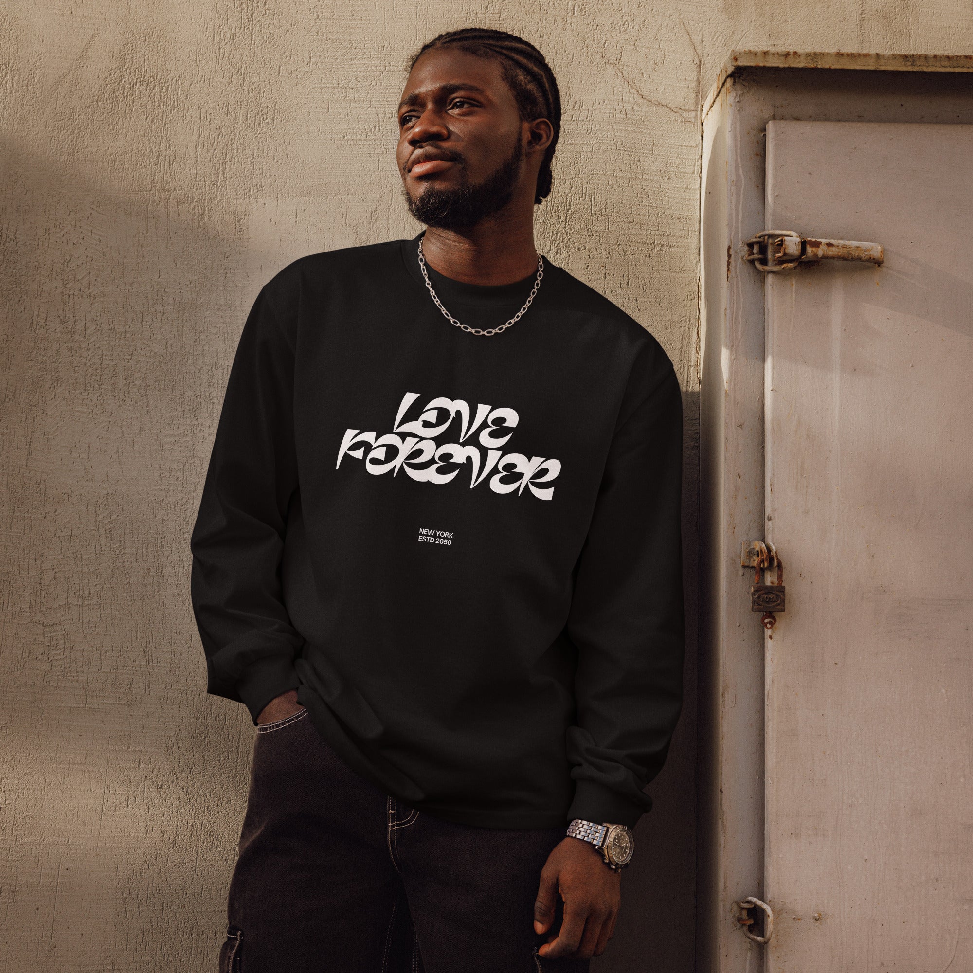 Unisex Premium Heavyweight Long Sleeve Shirt | Love Forever long sleeve shirt AwRans Clothing unisex-premium-heavyweight-long-sleeve-shirt-black-front-67f2c2d864242