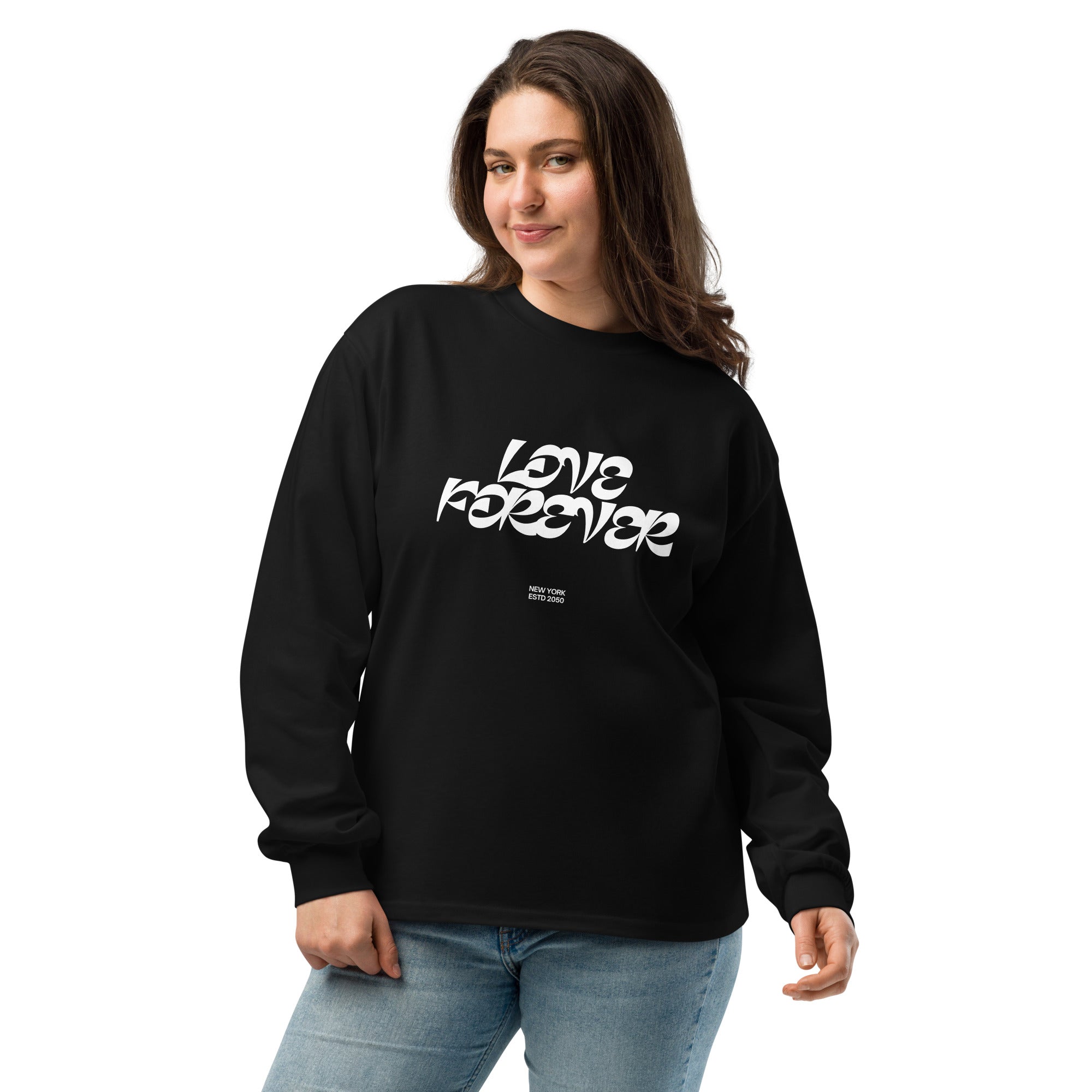 Unisex Premium Heavyweight Long Sleeve Shirt | Love Forever long sleeve shirt AwRans Clothing unisex-premium-heavyweight-long-sleeve-shirt-black-front-67f2c2d8708c8