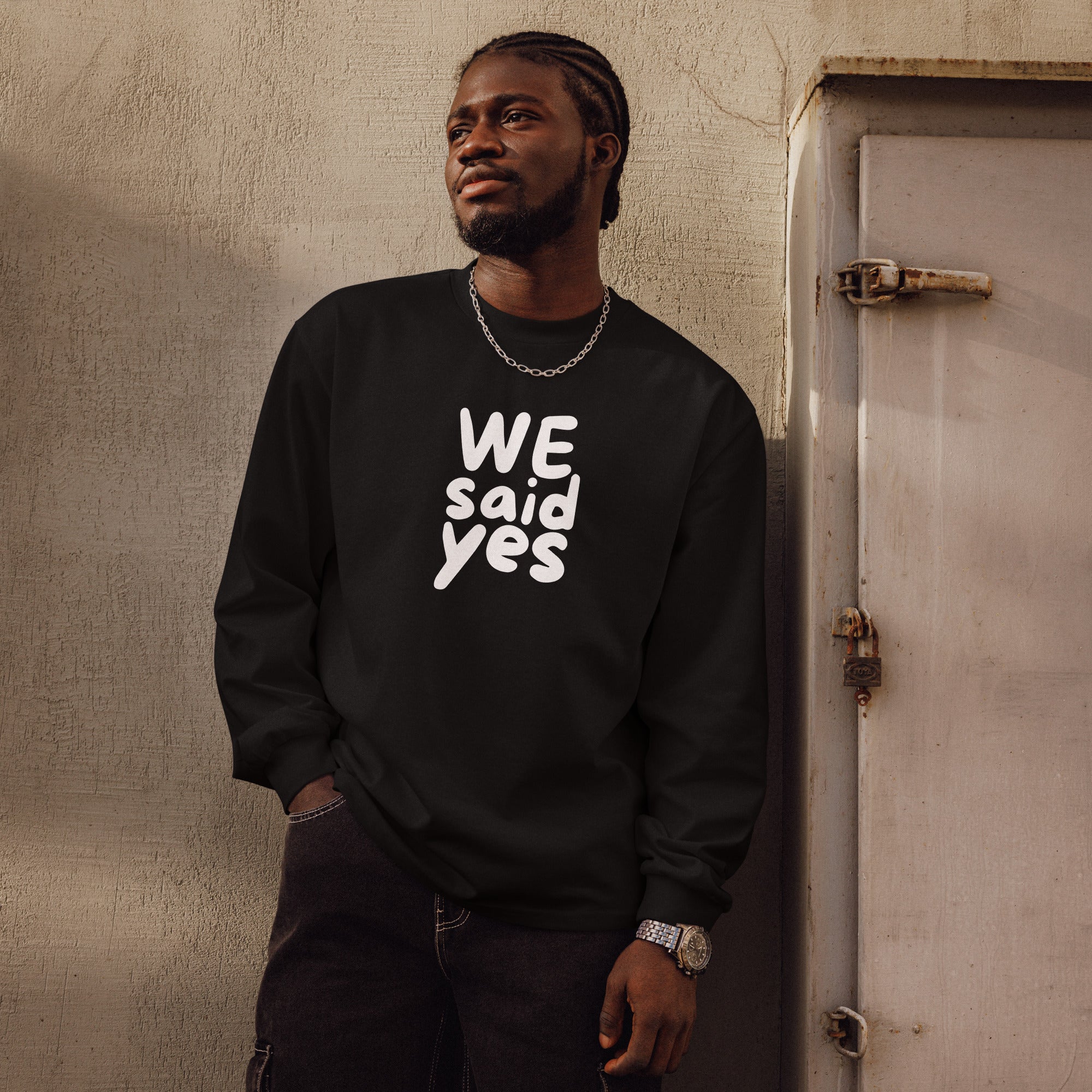 Unisex Premium Heavyweight Long Sleeve Shirt | We Said Yes long sleeve shirt AwRans Clothing unisex-premium-heavyweight-long-sleeve-shirt-black-front-67f2c367d5b09