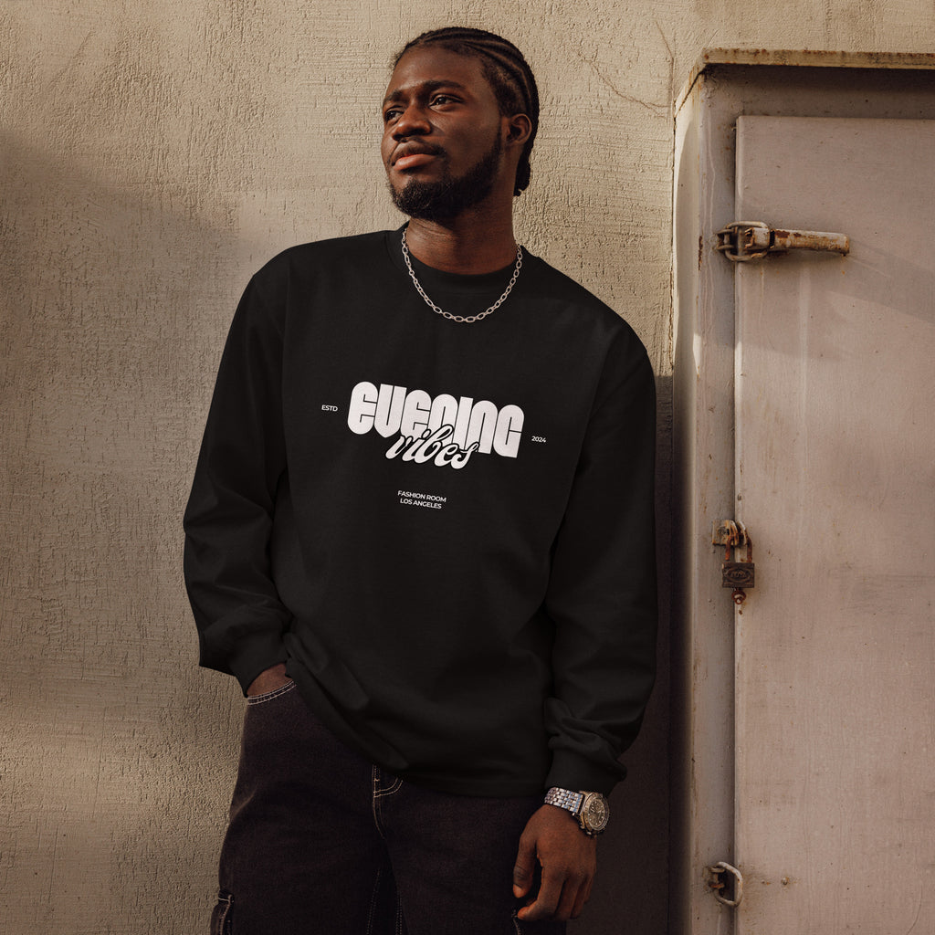Unisex Premium Heavyweight Long Sleeve Shirt | Evening Vibes long sleeve shirt AwRans Clothing unisex-premium-heavyweight-long-sleeve-shirt-black-front-67f2c4172d118