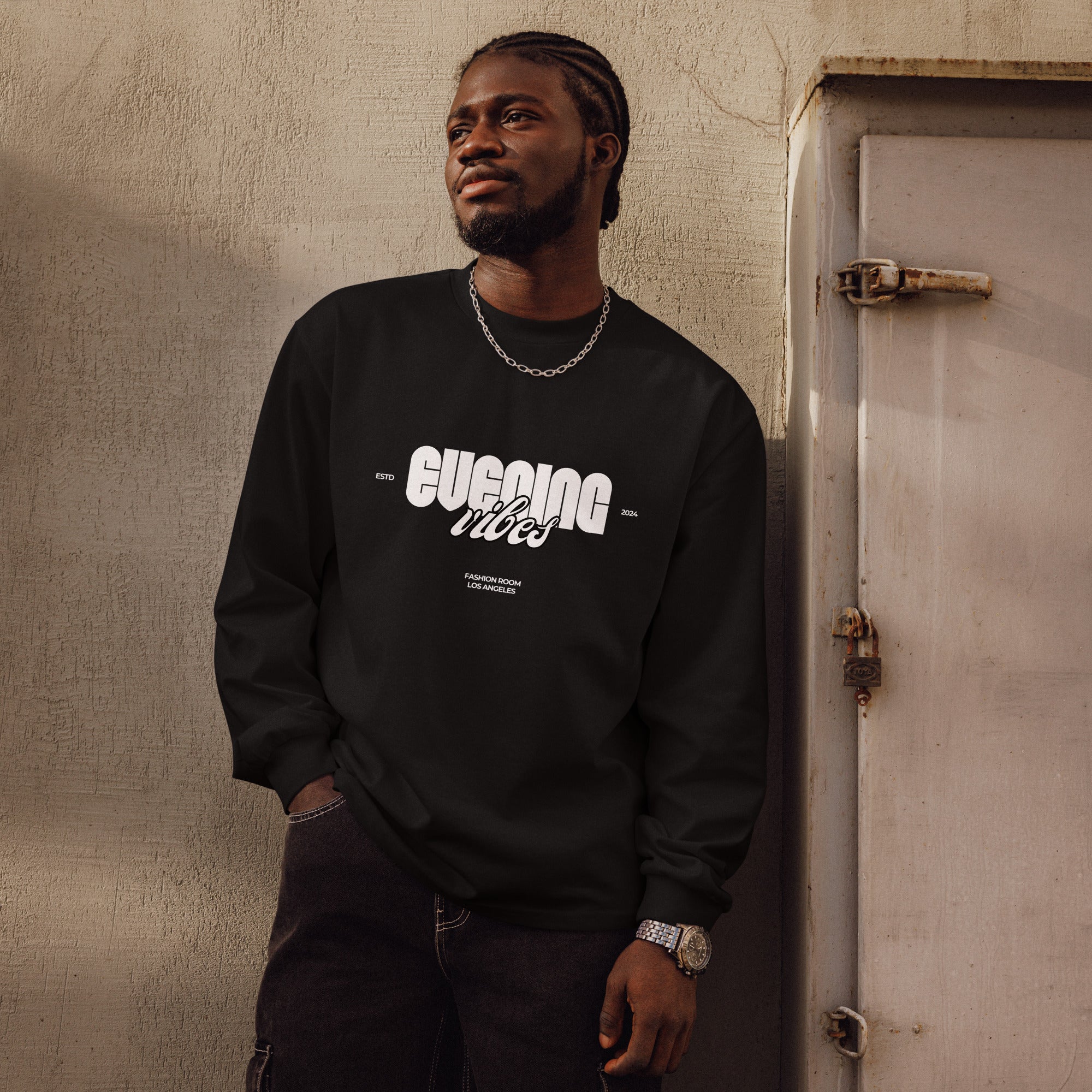 Unisex Premium Heavyweight Long Sleeve Shirt | Evening Vibes long sleeve shirt AwRans Clothing unisex-premium-heavyweight-long-sleeve-shirt-black-front-67f2c4172d118