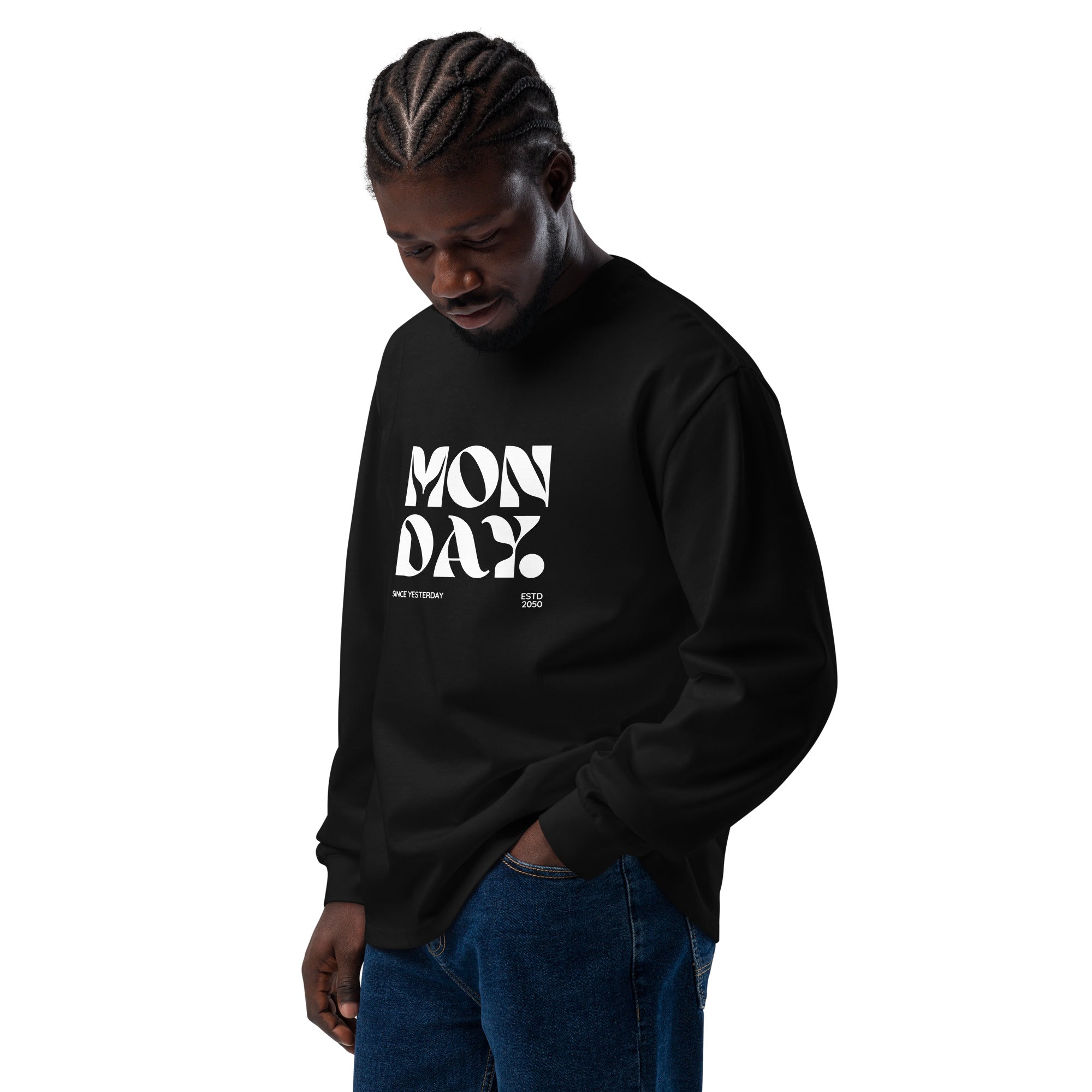 Unisex Premium Heavyweight Long Sleeve Shirt | Monday long sleeve shirt AwRans Clothing unisex-premium-heavyweight-long-sleeve-shirt-black-left-front-67eaac57f0dd3