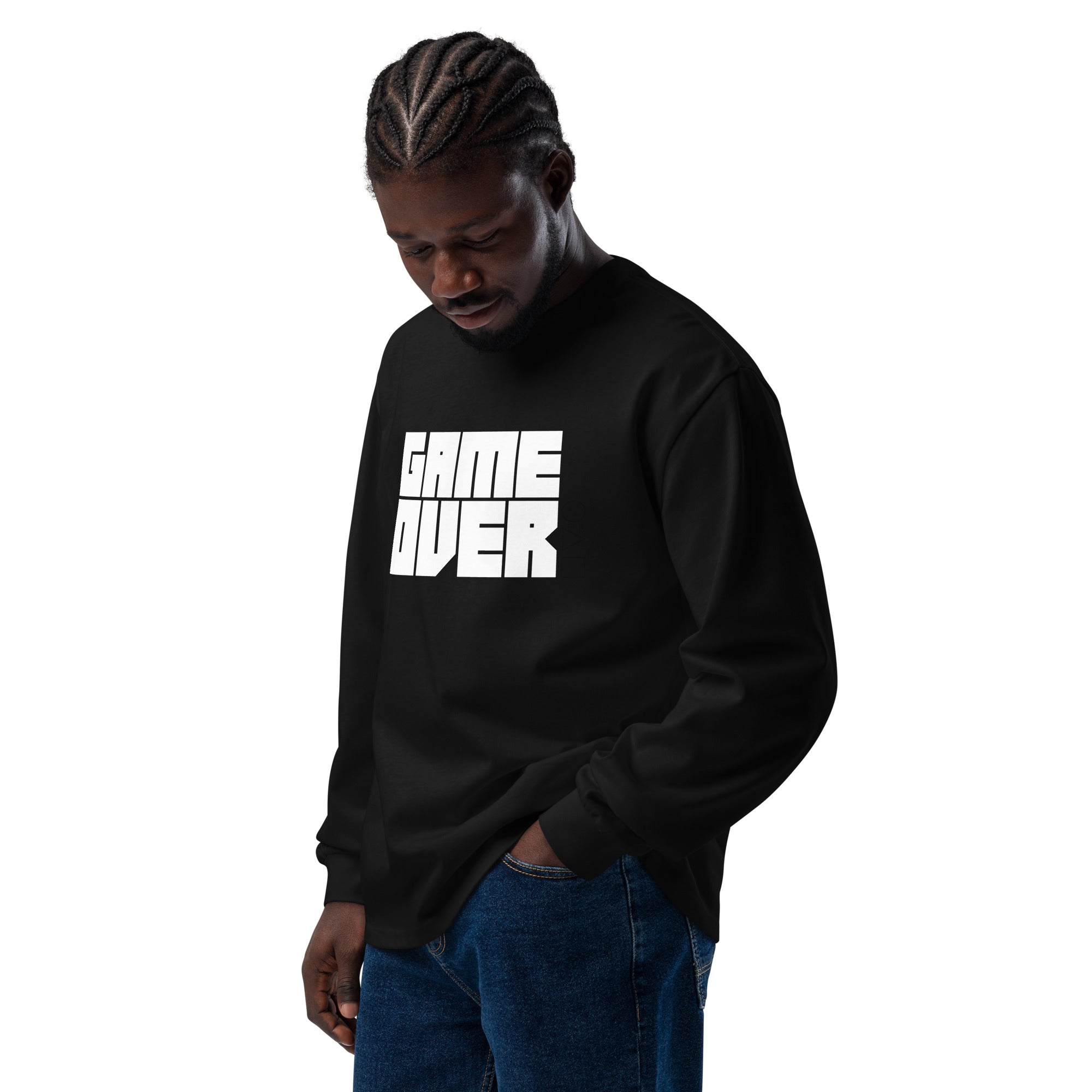 Unisex Premium Heavyweight Long Sleeve Shirt | Game Over long sleeve shirt AwRans Clothing unisex-premium-heavyweight-long-sleeve-shirt-black-left-front-67f2c24280801