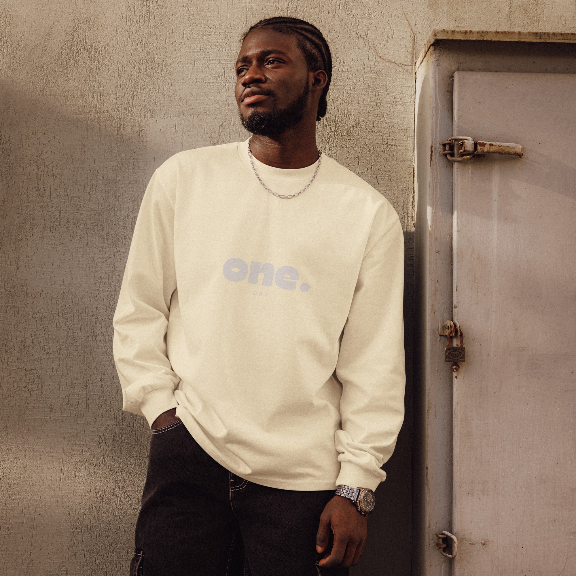 Unisex Premium Heavyweight Long Sleeve Shirt | One Day long sleeve shirt AwRans Clothing unisex-premium-heavyweight-long-sleeve-shirt-butter-front-67eaaaf8a28e6