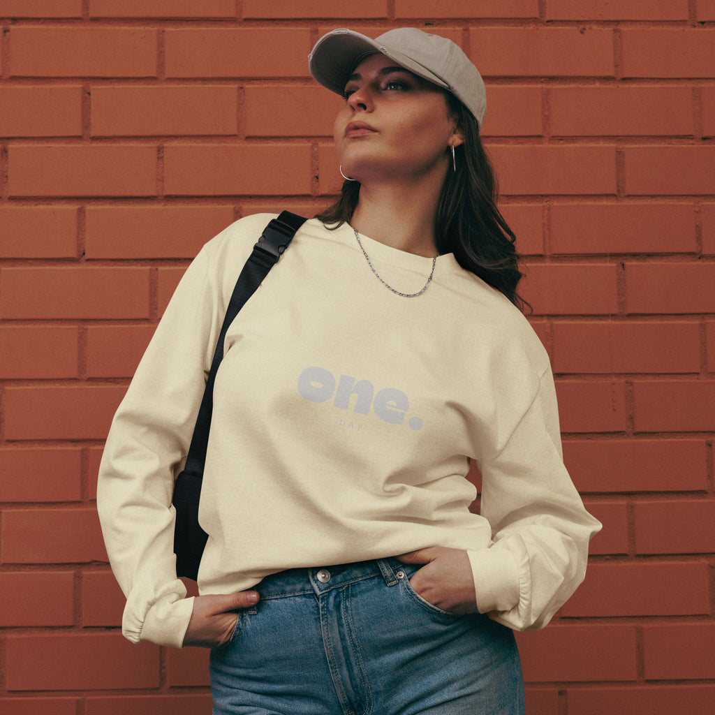 Unisex Premium Heavyweight Long Sleeve Shirt | One Day long sleeve shirt AwRans Clothing unisex-premium-heavyweight-long-sleeve-shirt-butter-front-67eaaaf8a5d49