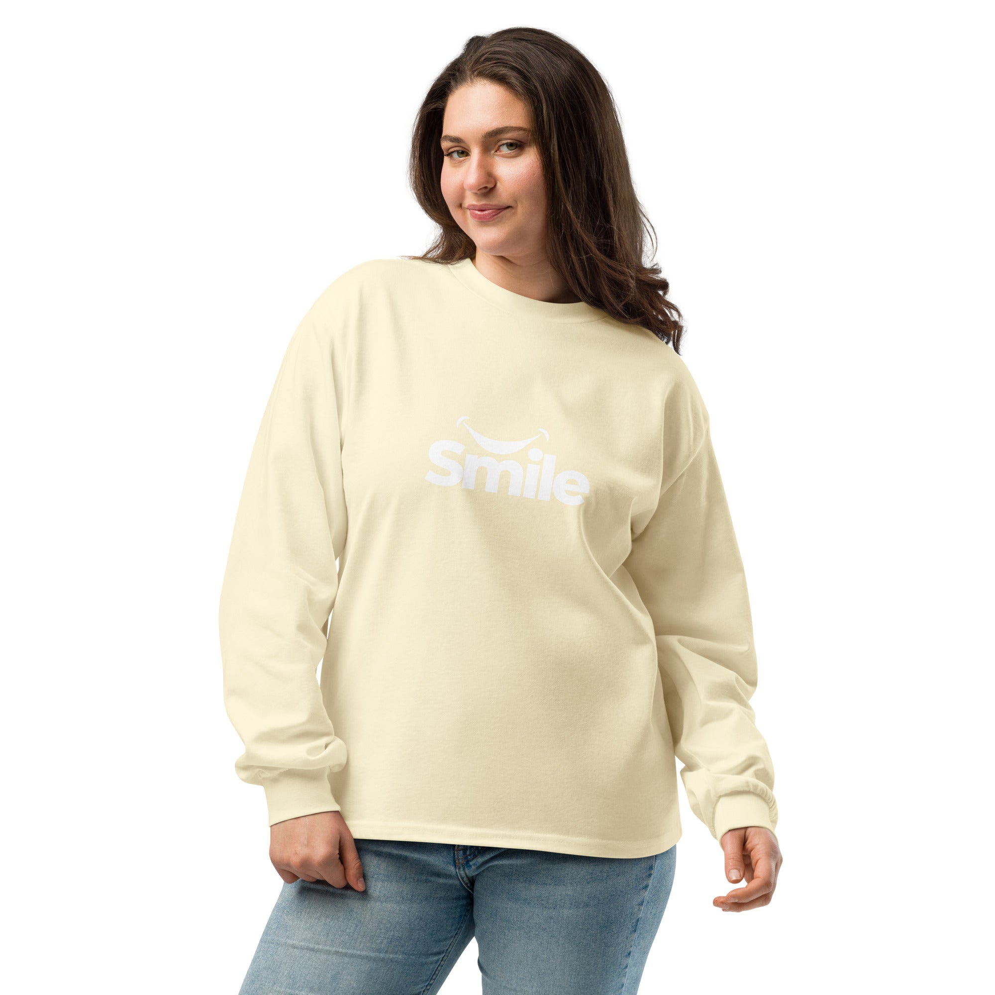 Unisex Premium Heavyweight Long Sleeve Shirt | Smile long sleeve shirt AwRans Clothing unisex-premium-heavyweight-long-sleeve-shirt-butter-front-67f29f0180bd9