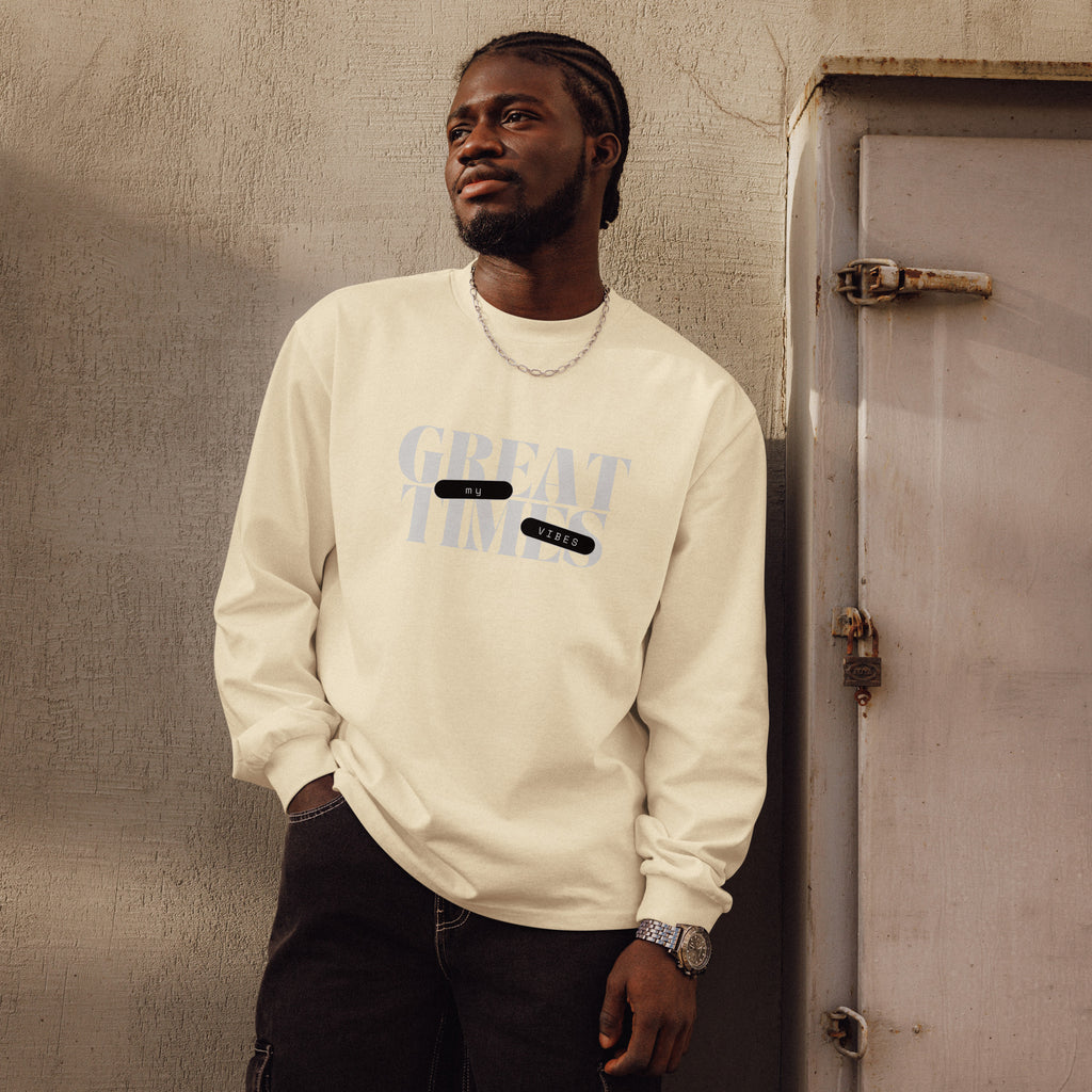 Unisex Premium Heavyweight Long Sleeve Shirt | My Vibes Great Time long sleeve shirt AwRans Clothing unisex-premium-heavyweight-long-sleeve-shirt-butter-front-67f2a05092e19