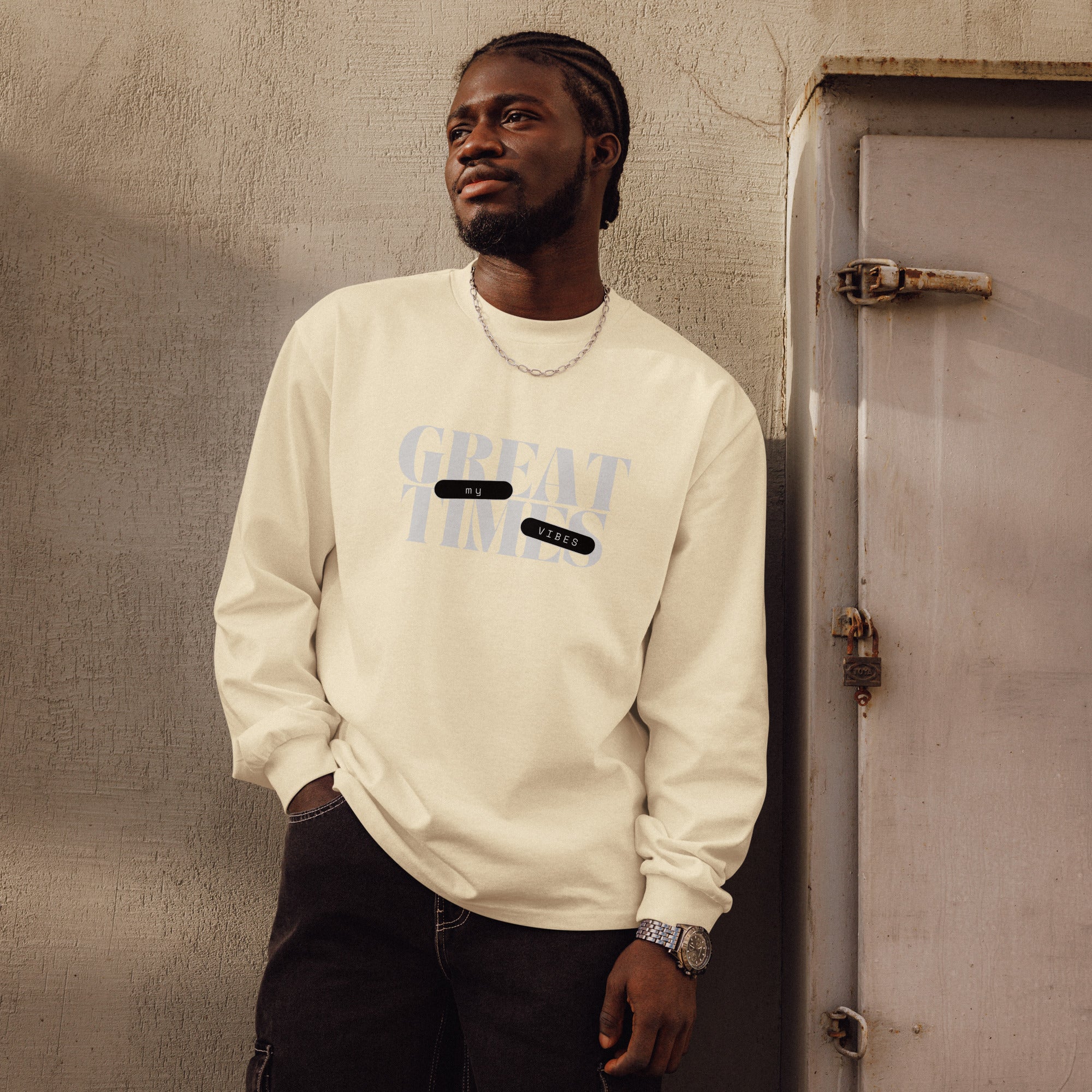 Unisex Premium Heavyweight Long Sleeve Shirt | My Vibes Great Time long sleeve shirt AwRans Clothing unisex-premium-heavyweight-long-sleeve-shirt-butter-front-67f2a05092e19