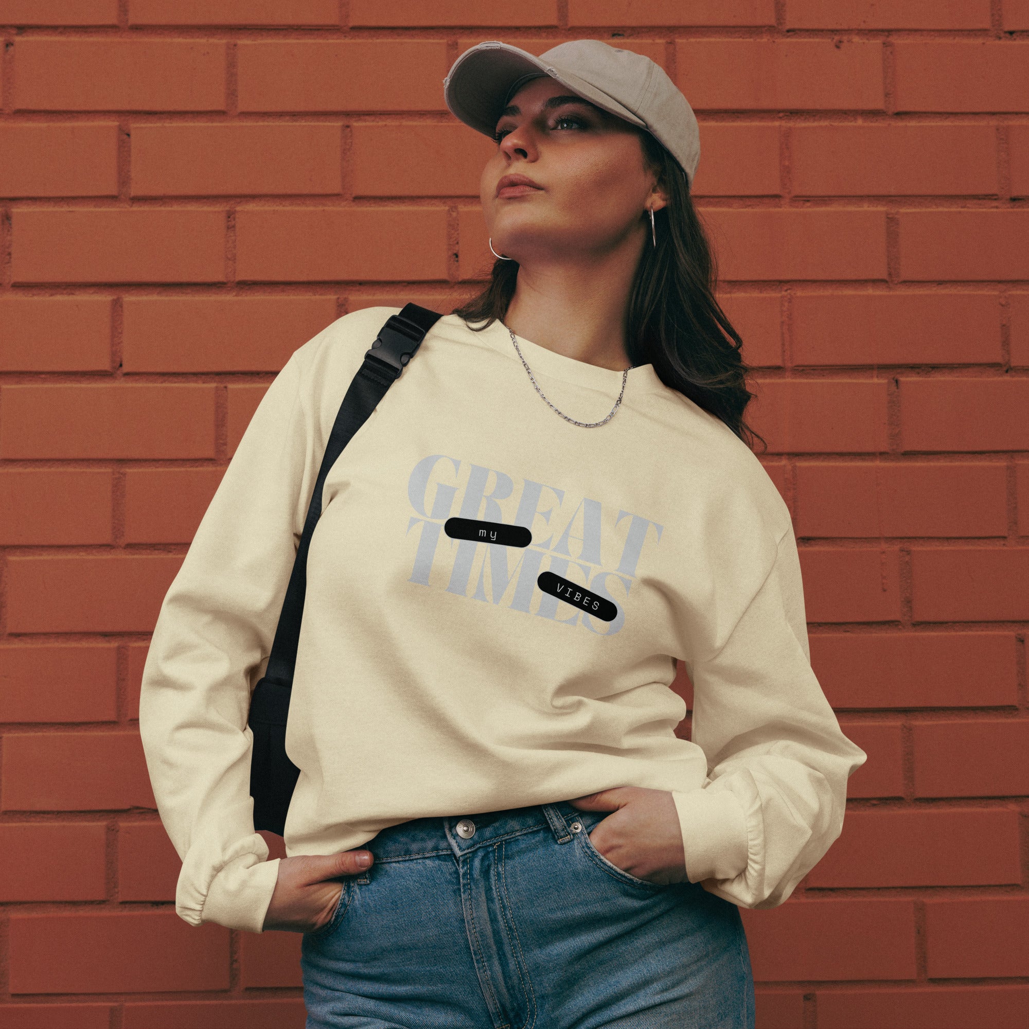 Unisex Premium Heavyweight Long Sleeve Shirt | My Vibes Great Time long sleeve shirt AwRans Clothing unisex-premium-heavyweight-long-sleeve-shirt-butter-front-67f2a050970ba