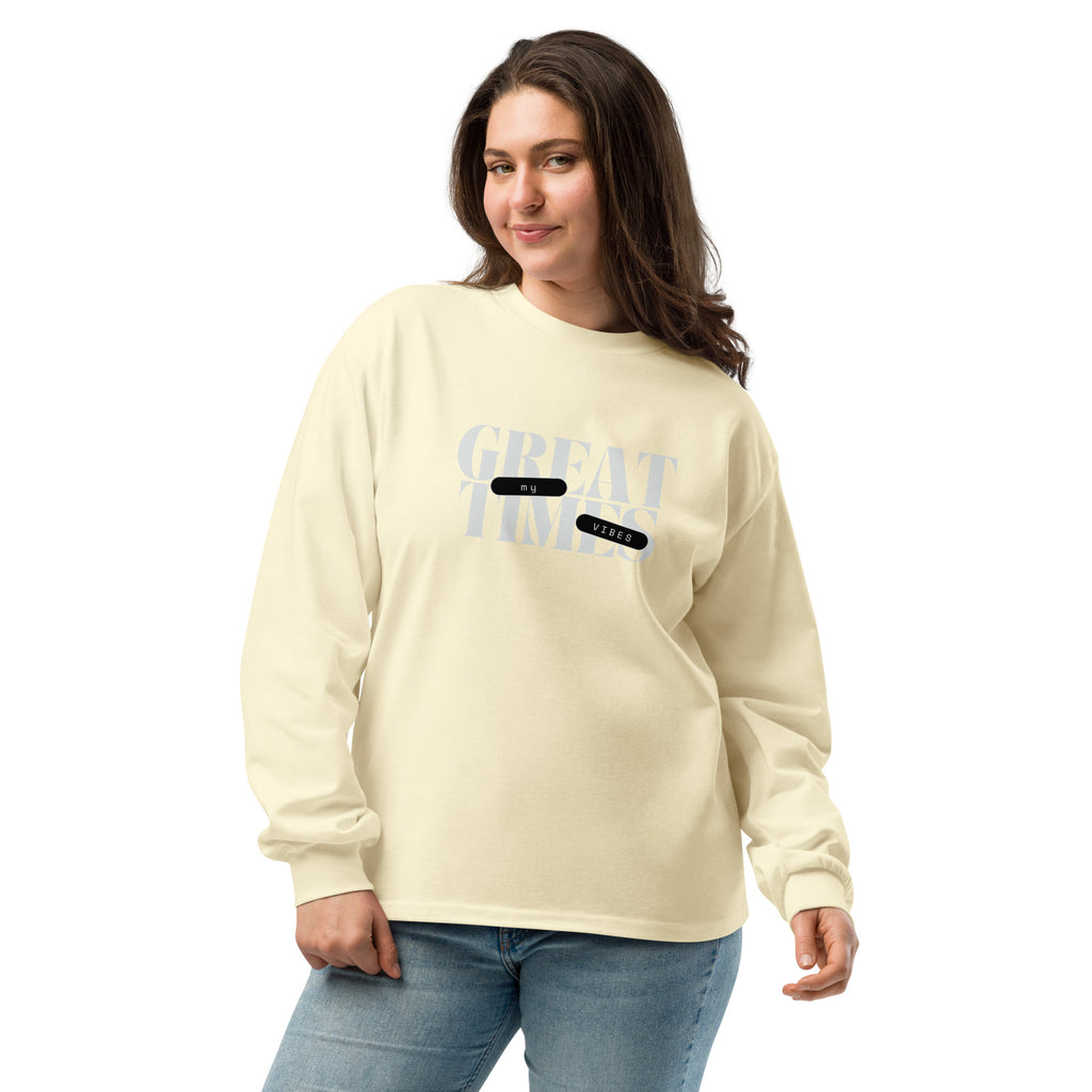 Unisex Premium Heavyweight Long Sleeve Shirt | My Vibes Great Time long sleeve shirt AwRans Clothing unisex-premium-heavyweight-long-sleeve-shirt-butter-front-67f2a0509a079