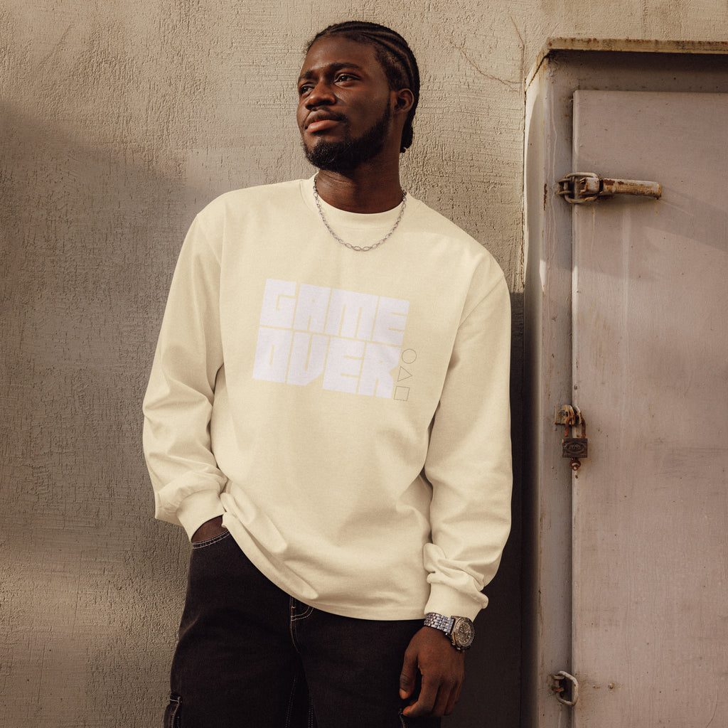 Unisex Premium Heavyweight Long Sleeve Shirt | Game Over long sleeve shirt AwRans Clothing unisex-premium-heavyweight-long-sleeve-shirt-butter-front-67f2c2428220c