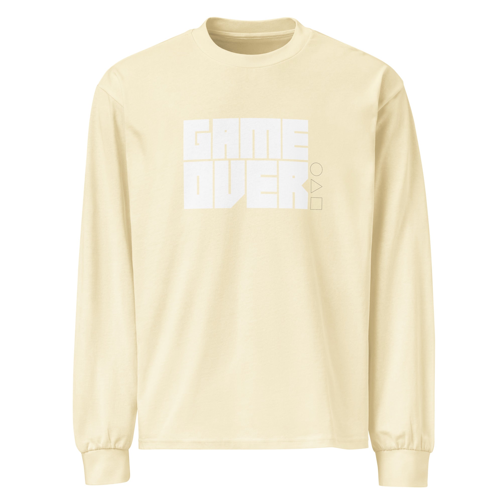 Unisex Premium Heavyweight Long Sleeve Shirt | Game Over Butter long sleeve shirt AwRans Clothing unisex-premium-heavyweight-long-sleeve-shirt-butter-front-67f2c242c6e2f
