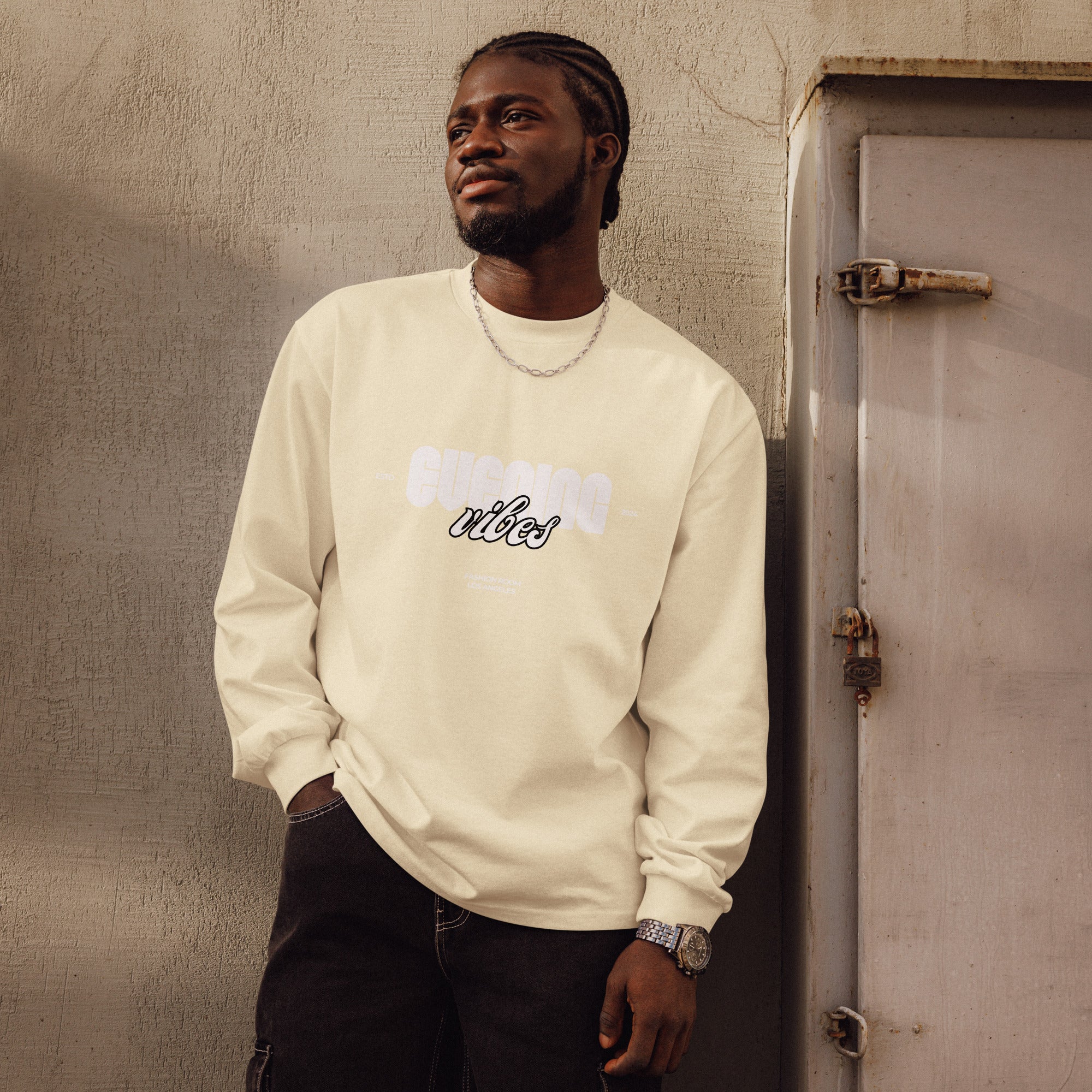 Unisex Premium Heavyweight Long Sleeve Shirt | Evening Vibes long sleeve shirt AwRans Clothing unisex-premium-heavyweight-long-sleeve-shirt-butter-front-67f2c4172956f