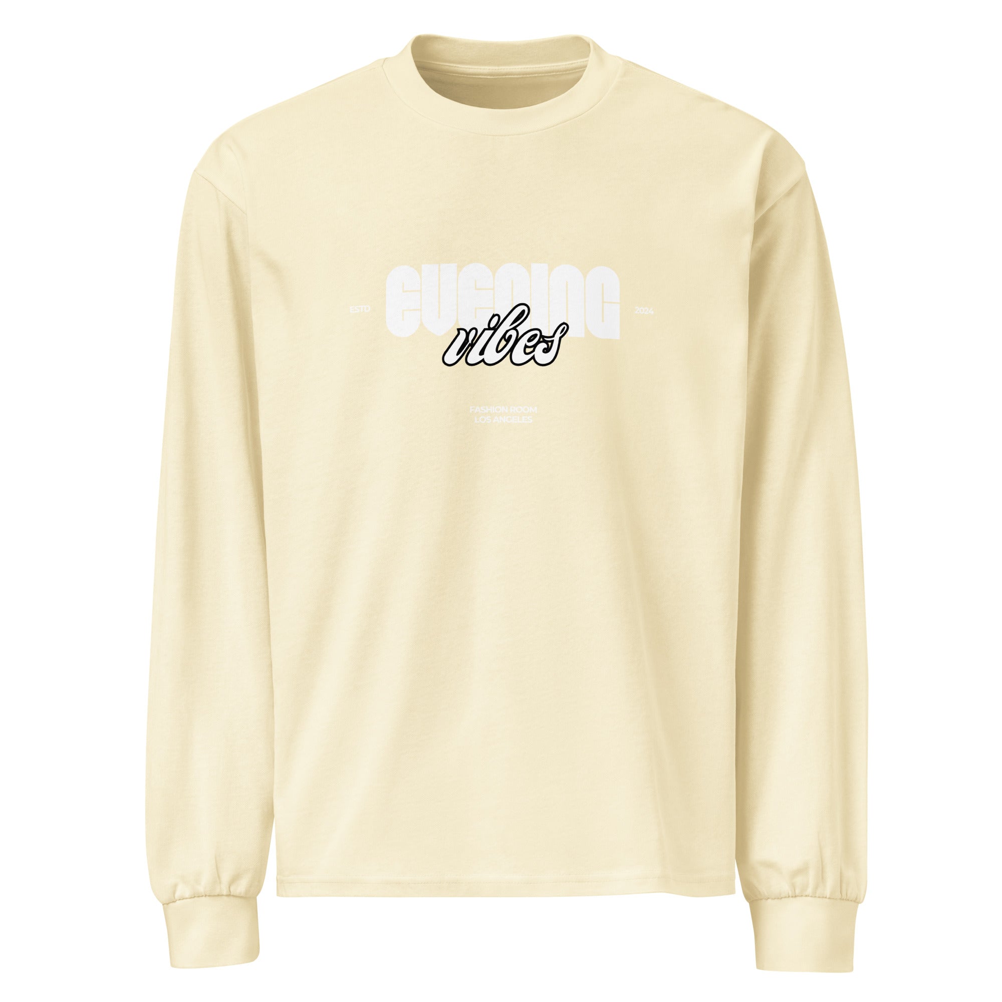 Unisex Premium Heavyweight Long Sleeve Shirt | Evening Vibes Butter long sleeve shirt AwRans Clothing unisex-premium-heavyweight-long-sleeve-shirt-butter-front-67f2c417382de