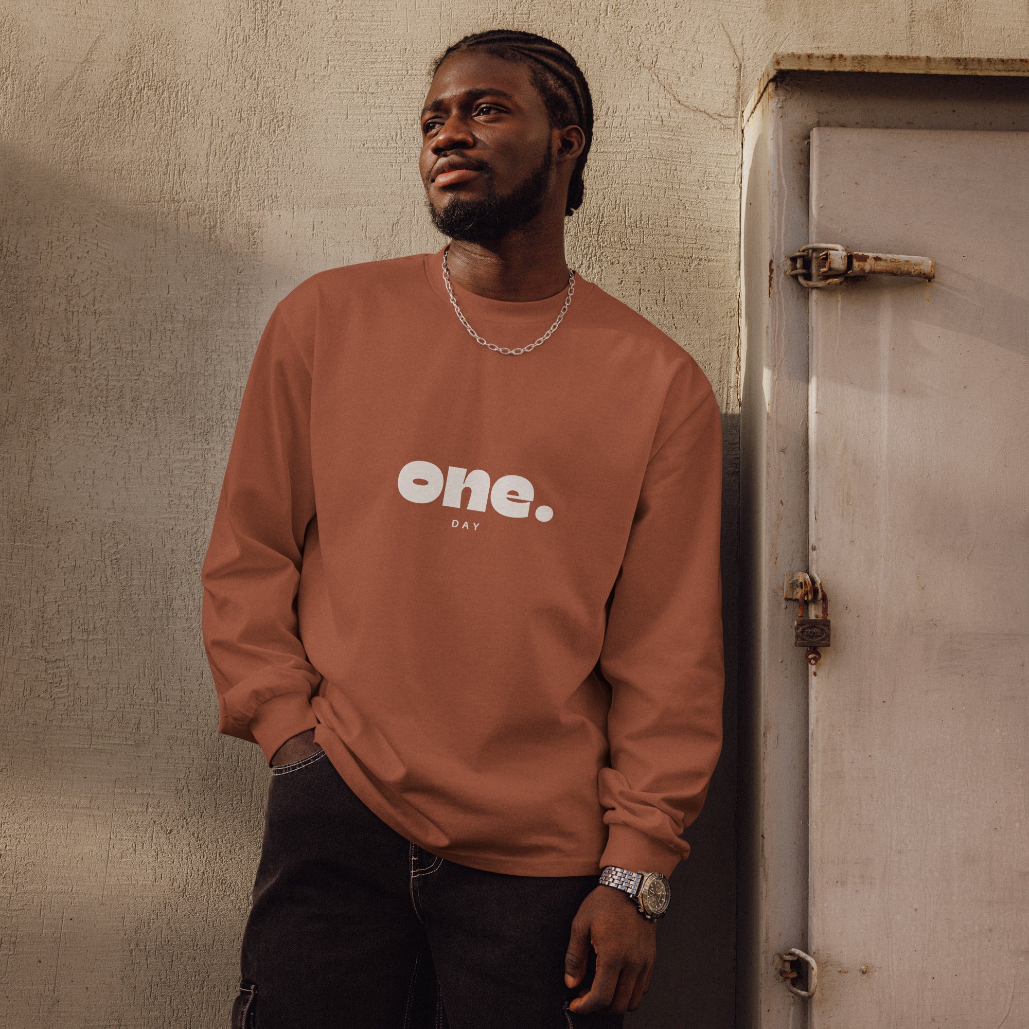 Unisex Premium Heavyweight Long Sleeve Shirt | One Day long sleeve shirt AwRans Clothing unisex-premium-heavyweight-long-sleeve-shirt-clay-front-67eaaaf8859c1