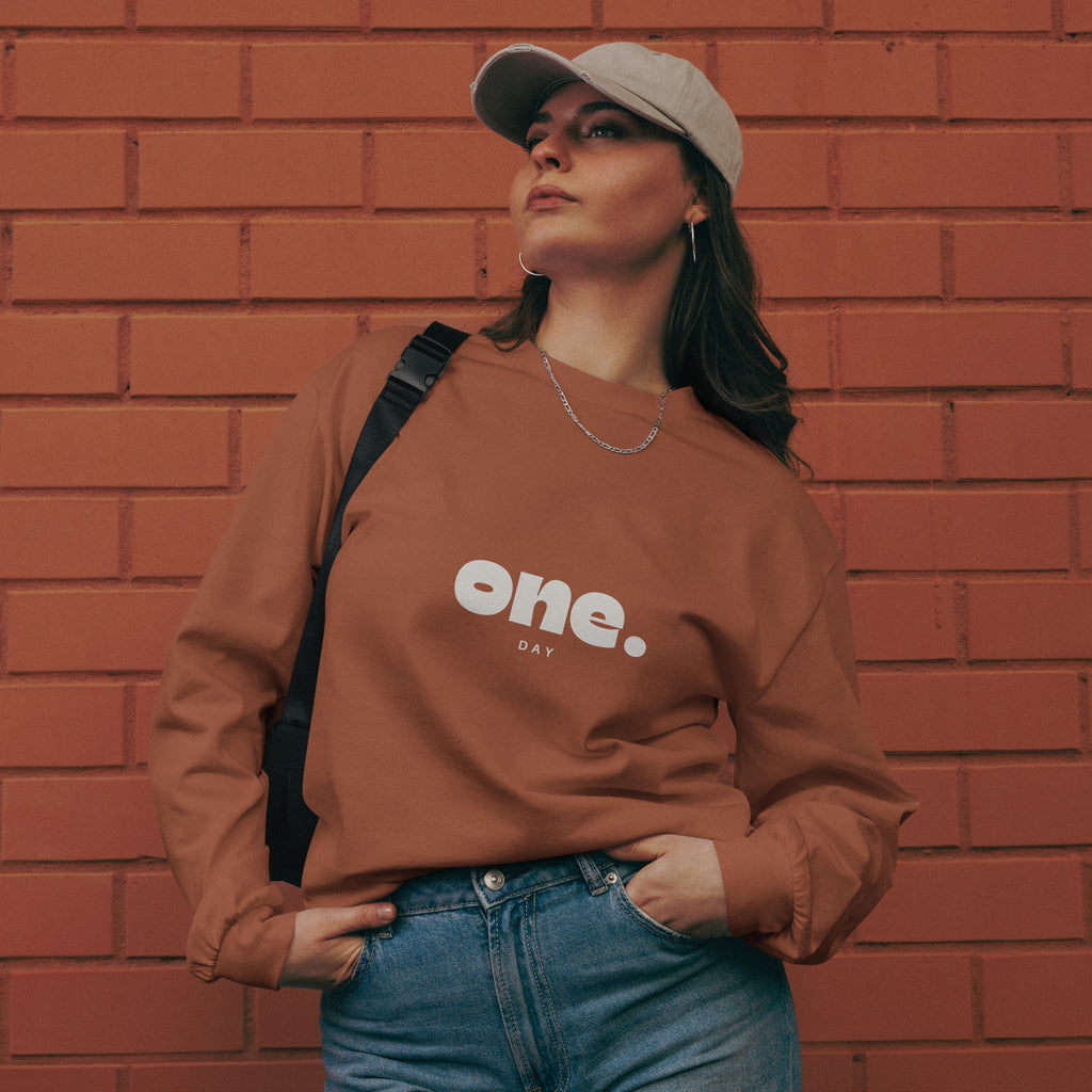 Unisex Premium Heavyweight Long Sleeve Shirt | One Day long sleeve shirt AwRans Clothing unisex-premium-heavyweight-long-sleeve-shirt-clay-front-67eaaaf888808