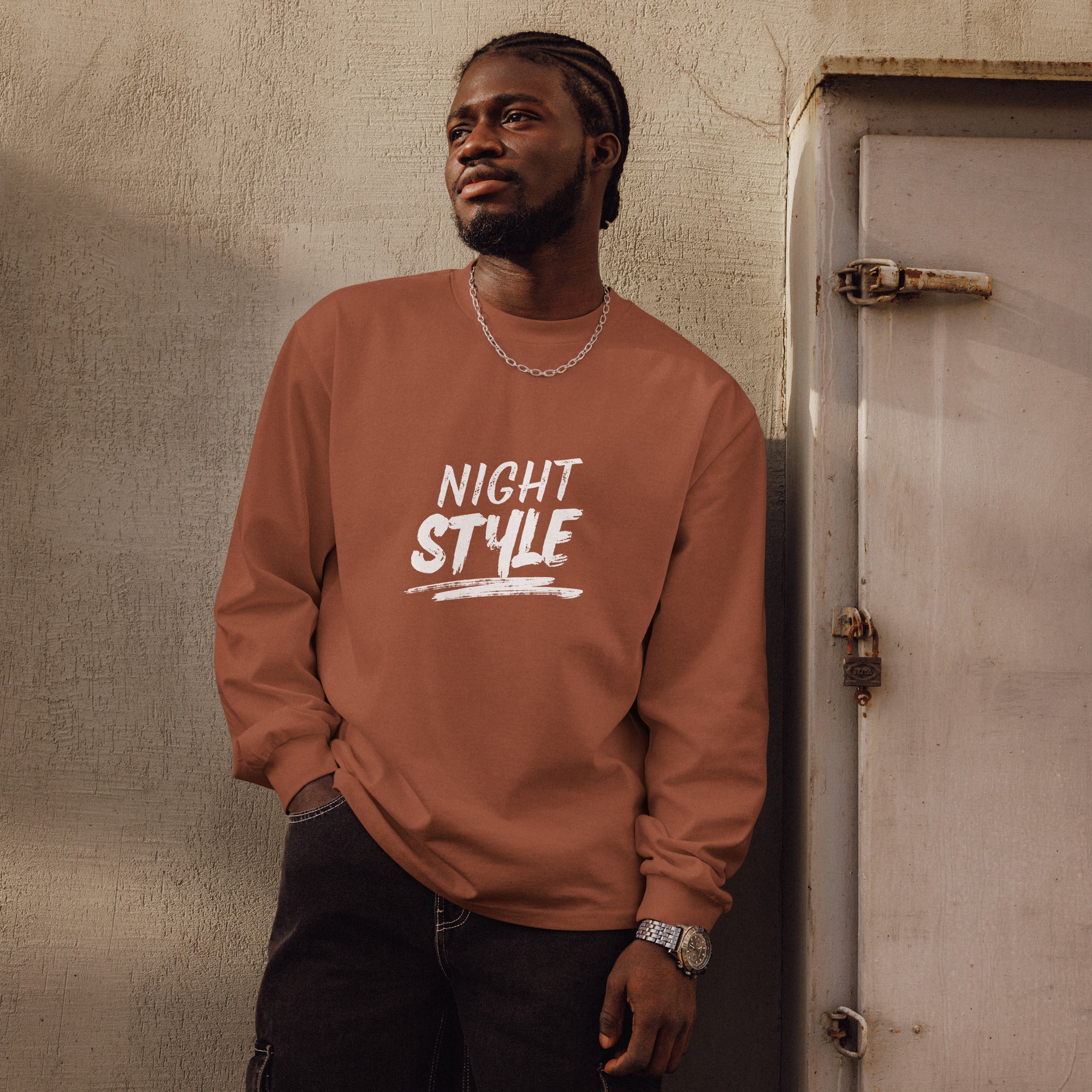 Unisex Premium Heavyweight Long Sleeve Shirt | Night Style long sleeve shirt AwRans Clothing unisex-premium-heavyweight-long-sleeve-shirt-clay-front-67eaaba7a27bd