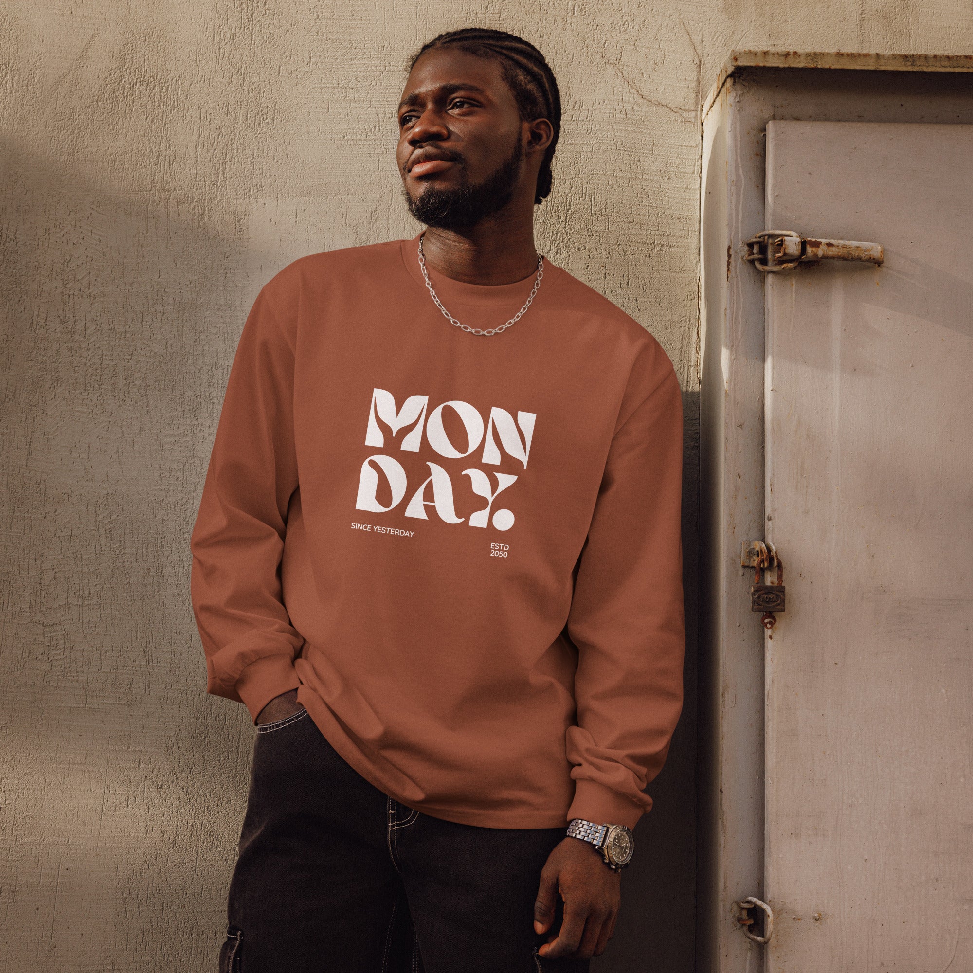 Unisex Premium Heavyweight Long Sleeve Shirt | Monday long sleeve shirt AwRans Clothing unisex-premium-heavyweight-long-sleeve-shirt-clay-front-67eaac58055bd