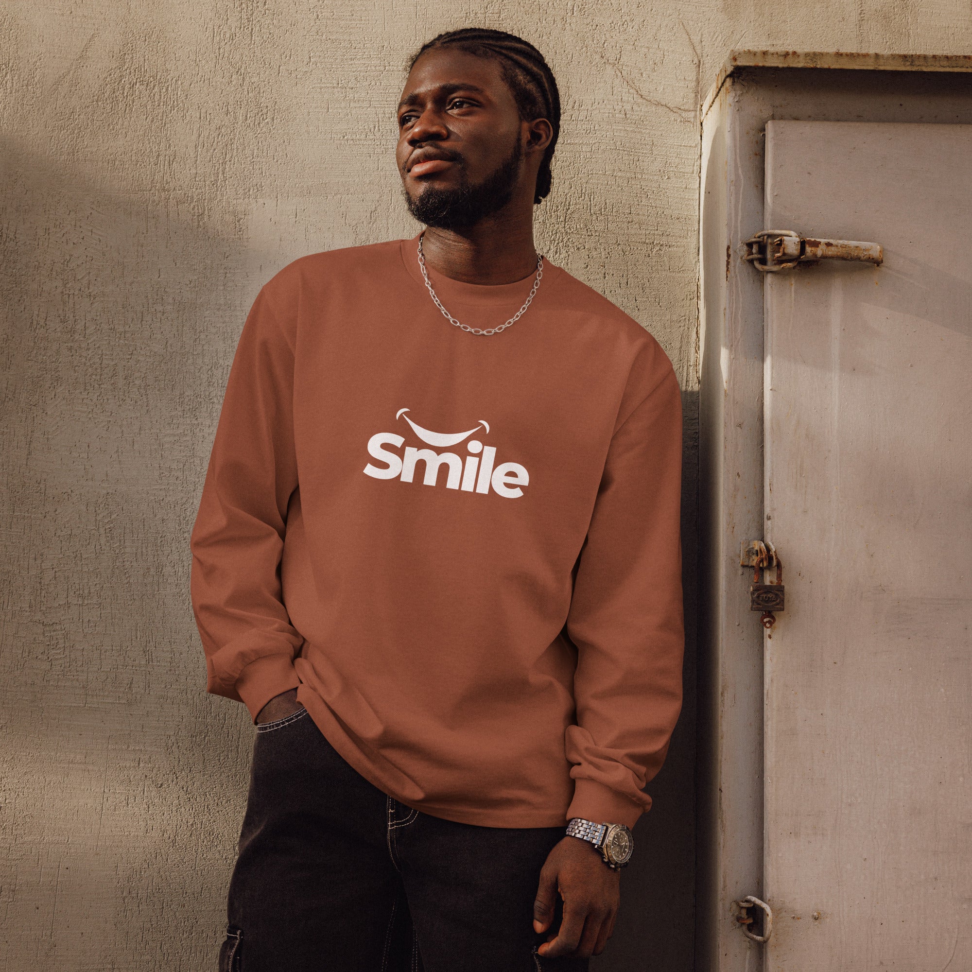 Unisex Premium Heavyweight Long Sleeve Shirt | Smile long sleeve shirt AwRans Clothing unisex-premium-heavyweight-long-sleeve-shirt-clay-front-67f29f01aba54