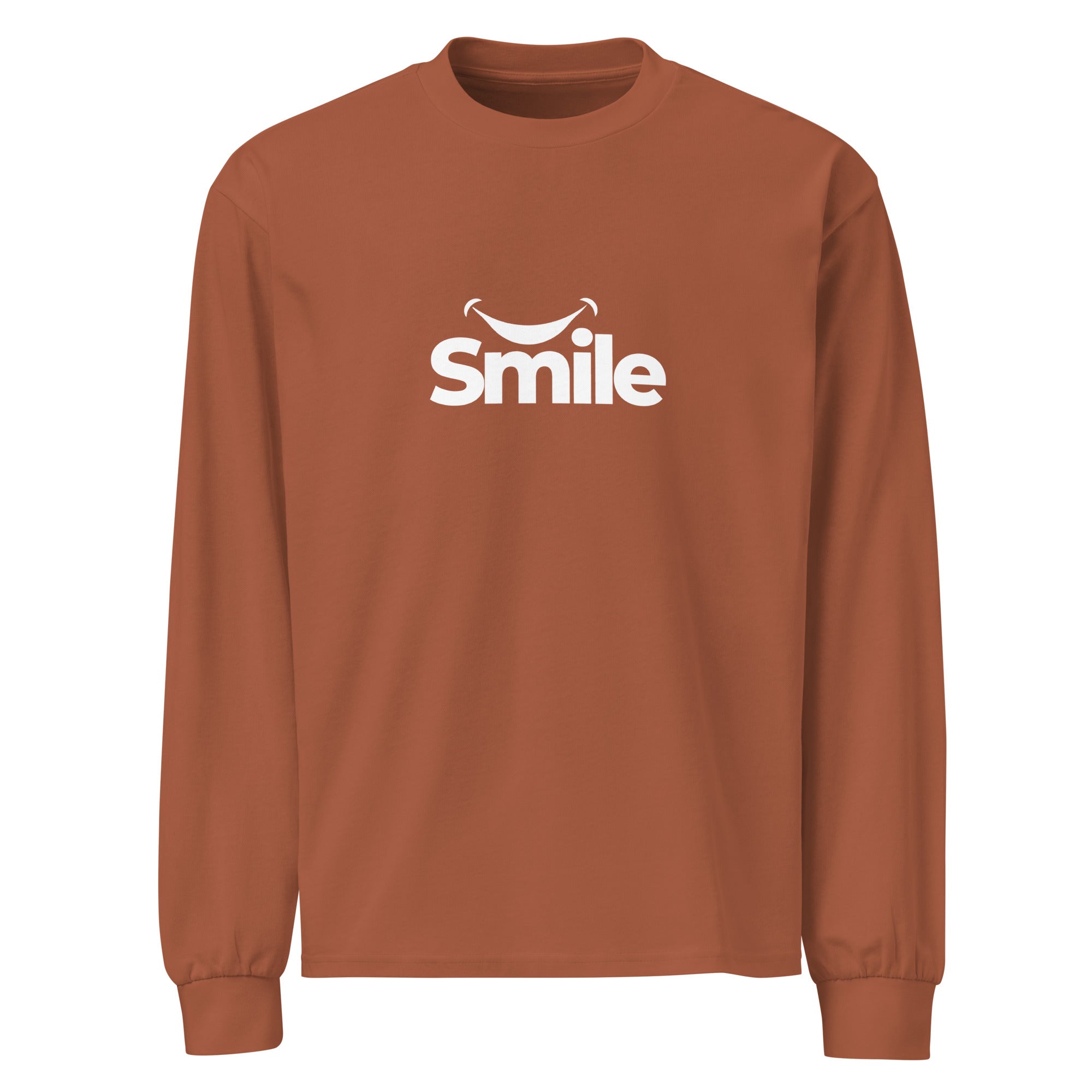 Unisex Premium Heavyweight Long Sleeve Shirt | Smile Clay long sleeve shirt AwRans Clothing unisex-premium-heavyweight-long-sleeve-shirt-clay-front-67f29f01b58ac