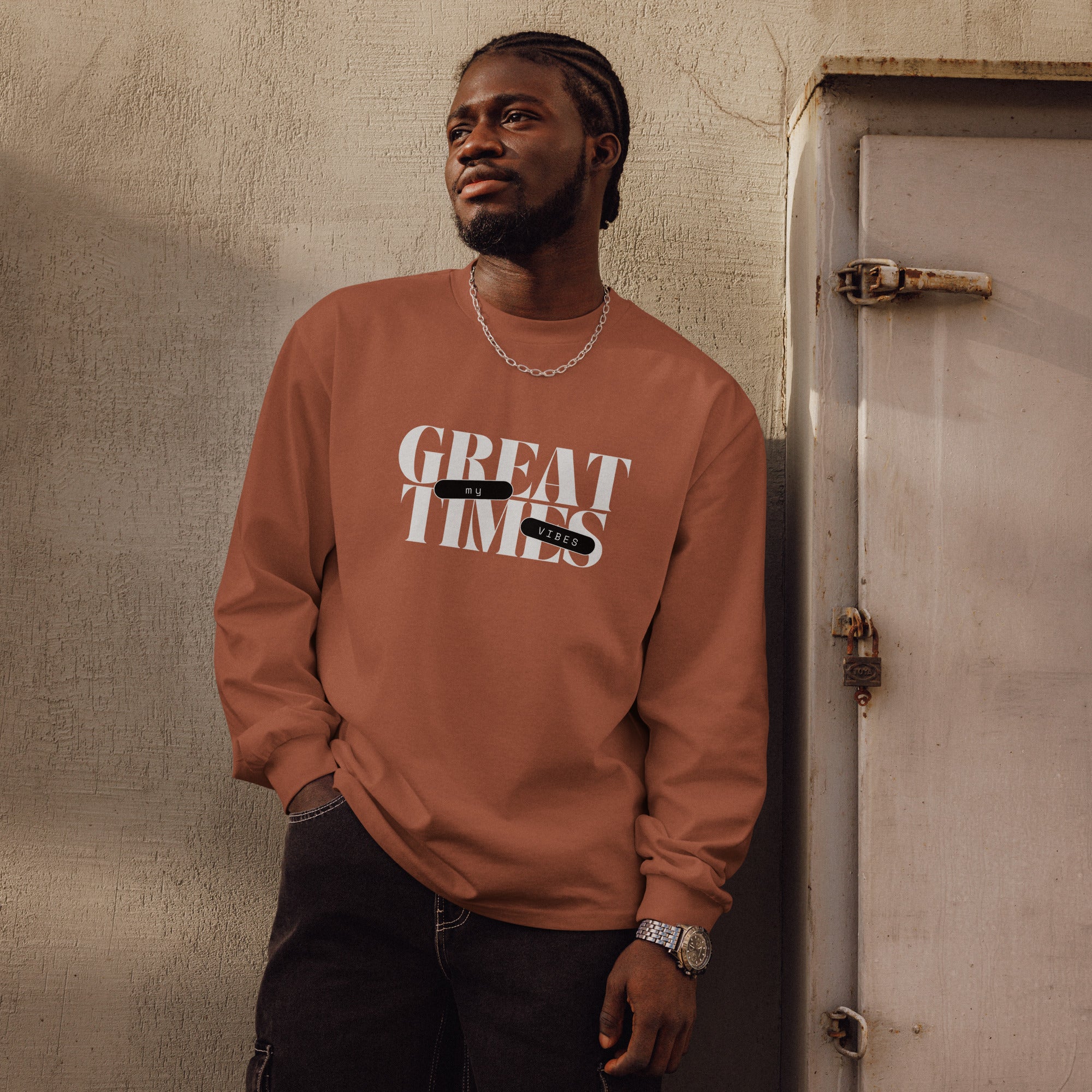 Unisex Premium Heavyweight Long Sleeve Shirt | My Vibes Great Time long sleeve shirt AwRans Clothing unisex-premium-heavyweight-long-sleeve-shirt-clay-front-67f2a050a296e