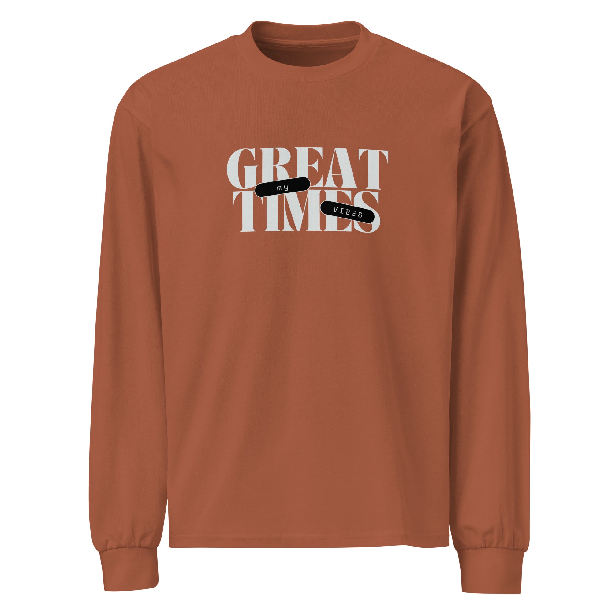Unisex Premium Heavyweight Long Sleeve Shirt | My Vibes Great Time Clay long sleeve shirt AwRans Clothing unisex-premium-heavyweight-long-sleeve-shirt-clay-front-67f2a050c8b3c