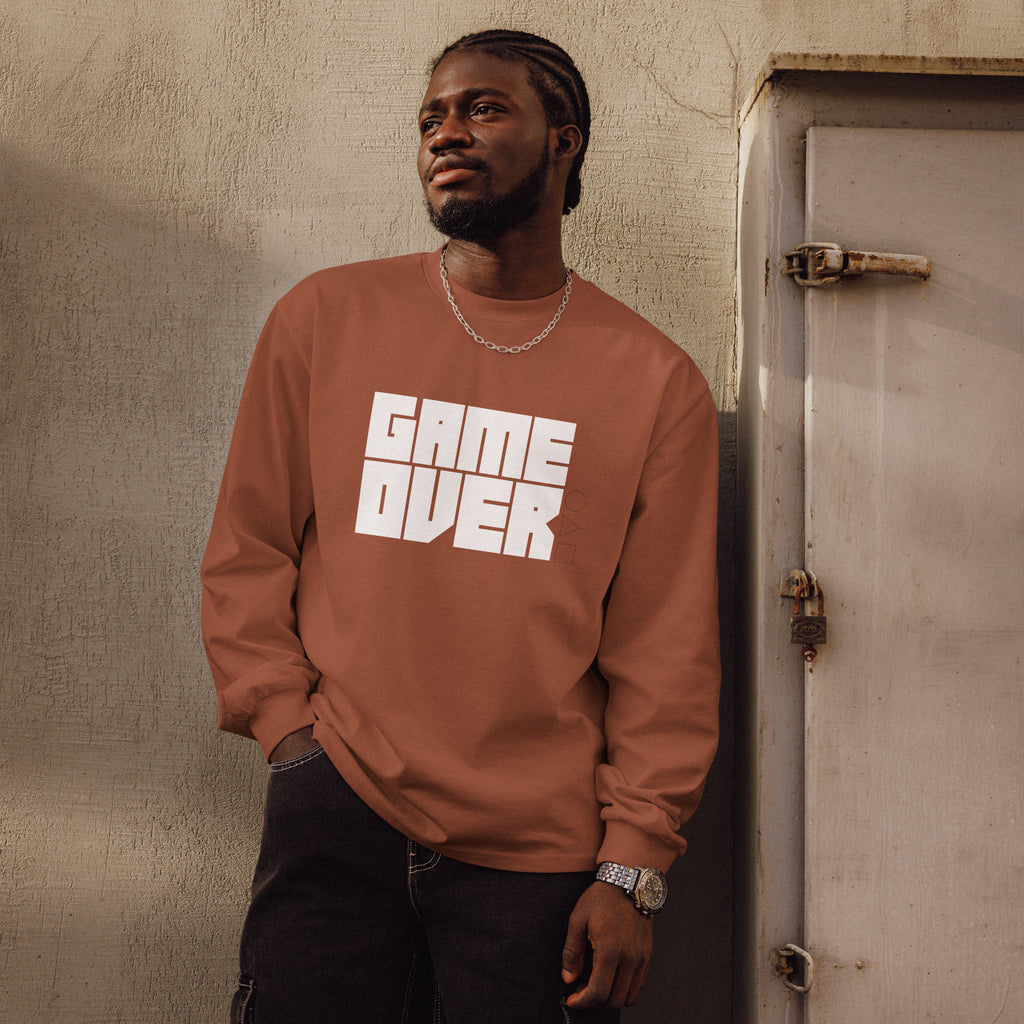 Unisex Premium Heavyweight Long Sleeve Shirt | Game Over long sleeve shirt AwRans Clothing unisex-premium-heavyweight-long-sleeve-shirt-clay-front-67f2c242883c5